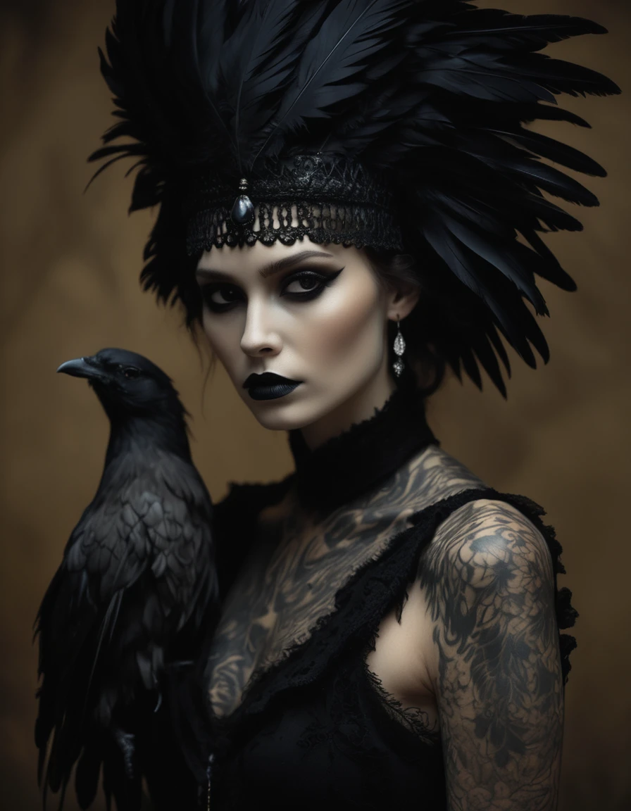 masterpiece, best quality, cinematic lighting, hollow eyes, dark feathered attire contrasts with her porcelain skin and black tattoos<lora:Hollow_Eyes_Portrait_SDXL:0.5>