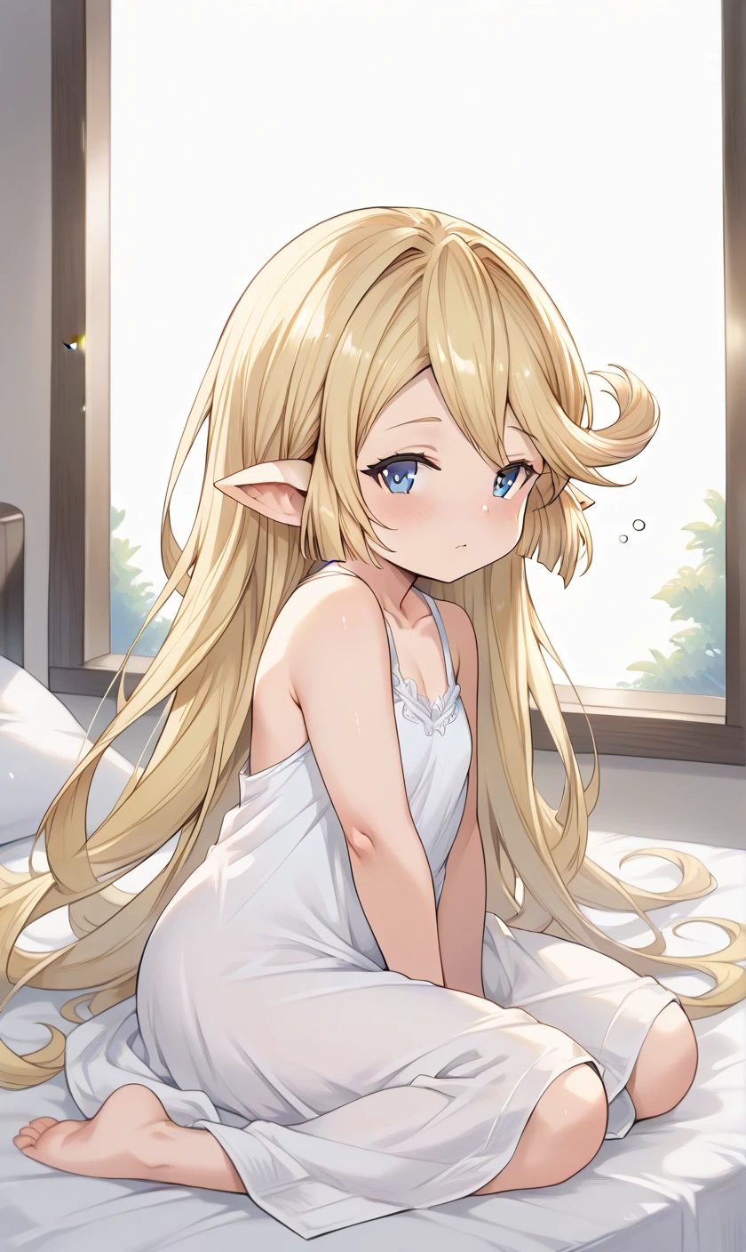 ((nsfw)), ((nude)), ((solo)), ((loli face)), ((petite:1.5)), glossy blonde hair, ahoge, happy smile, long hair, twin braids, elf, ((blush:1.5)), lying on the bed, on back, room, cum on breast, open mouth, white panties, full body, facial, white bra