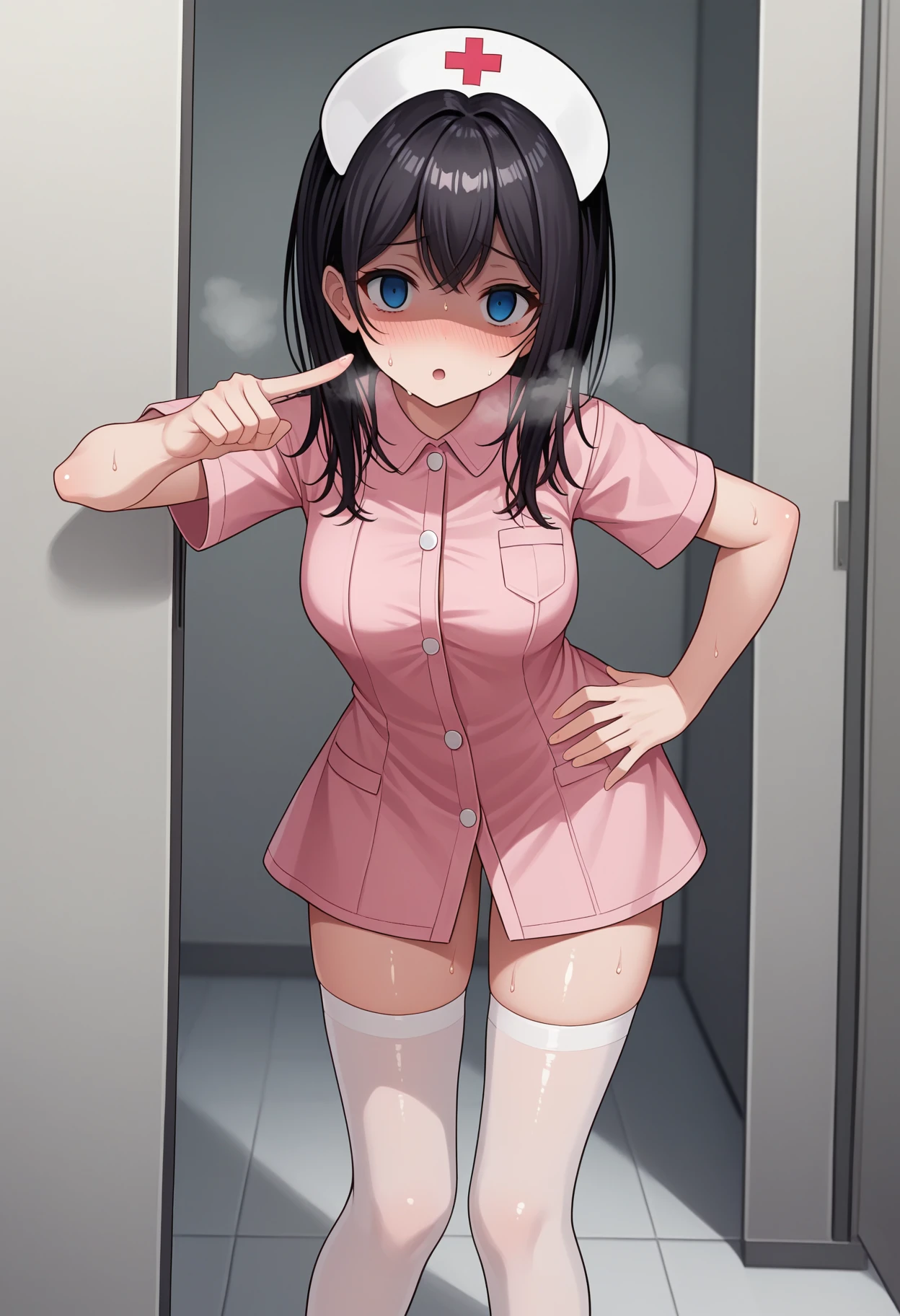 UHD, retina, ccurate, anatomically correct, super detail, high details, high quality, best quality, HD, 4K, {{mkm1, short hair}}, brown eyes , blue shirt, , pleated skirt, long sleeves, collarbone, serafuku, medium breasts,( medium breasts ,naked ,topless ,pussy ),vagina ,nipple ,go commando, braless,Photographed from the opposite building,She is standing by the window,Photograph taken through the window, looking afar,{{{Voyeurism}}}