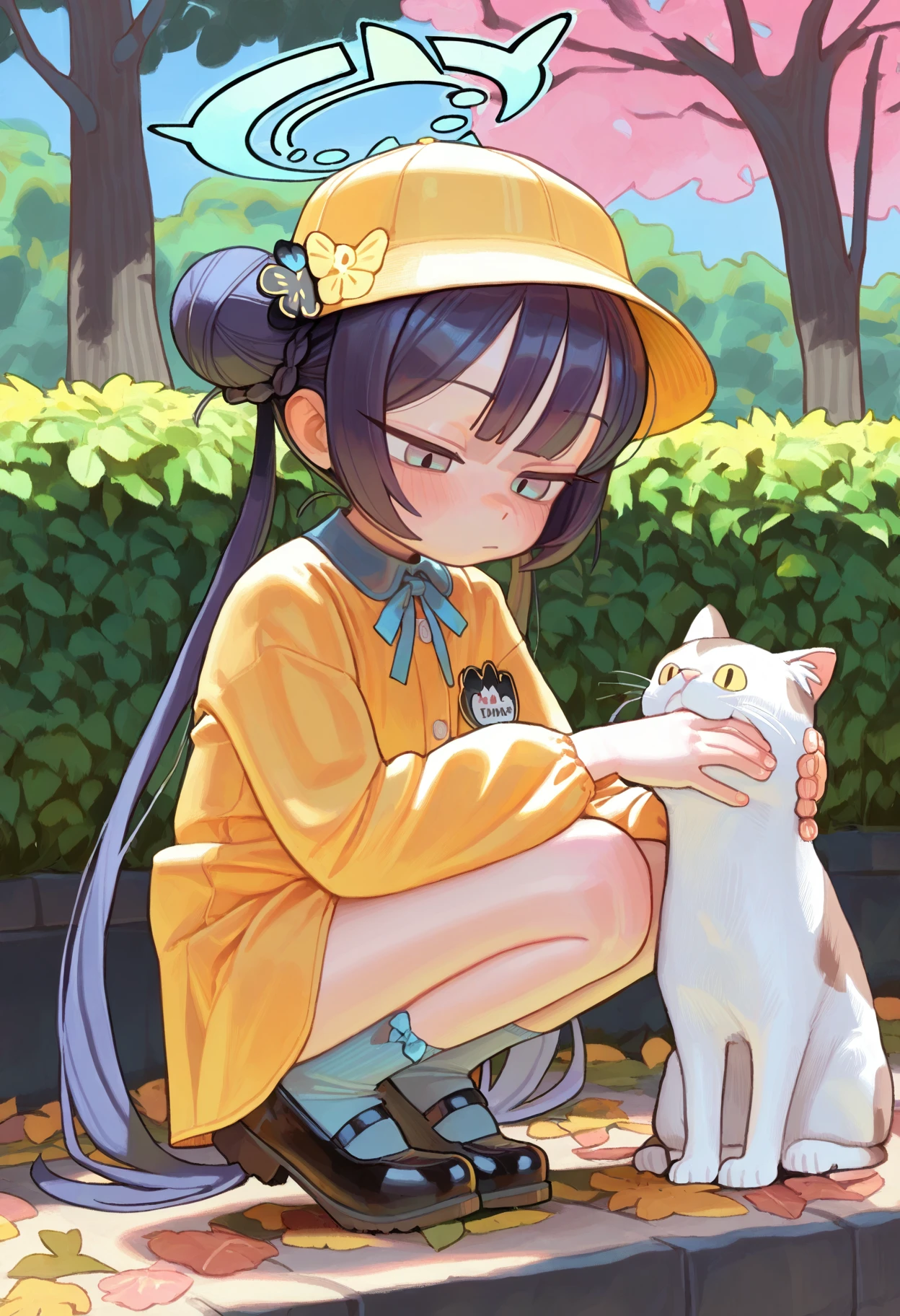 (wamudraws, opossumachine:0.8), (fkey, healthyman:0.6), 1girl, solo, kisaki \(kindergarten uniform\) \(blue archive\), halo, yellow hat, name tag, expressionless, squatting, looking down, petting cat, outdoors, park, masterpiece, best quality, paste colors, pastel theme, kawaii colors, faded