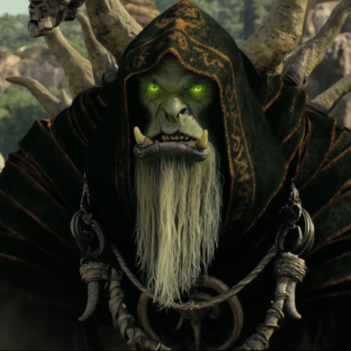 Screenshot from the warcraft Movie that features Gul'dan, orc warlock as a central figure in his robe The image is a photograph from a fantasy film, depicting a scene set in a mystical, medieval-like environment. The central figure is a large, green-skinned orc with a long, white beard and a menacing expression. He is dressed in a dark, hooded cloak with intricate, golden patterns, and the hood is pulled back to reveal his face. His eyes glow with an eerie, unnatural light.