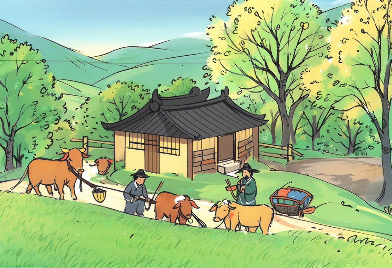 rushihua,traditional chinese clothing in ancient times,using poles to pick baskets with goods,leading a cattle,swinging a whip,carrying a plow for plowing,carrying a bamboo basket,carrying a hoe,walking,chatting,cattle,hat,tree,outdoors,ponytail,black hair,male focus,multiple boys,bird's-eye view,High quality,beautiful colors,