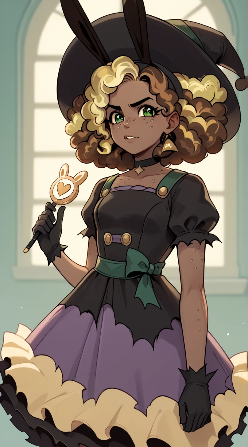 ((score_9)), score_8_up, score_7_up, high quality, masterpiece  Lorelai, green eyes, dark-skinned female, freckles, curly hair, brown hair, green eyes, 1girl, multicolored hair, two-tone hair, big hair, afro, Dark Lorelai, black gloves, ((witch hat)), torn clothes, choker, rabbit ears, fake animal ears, dress, wand<lora:Lorelai_Blyndeff:1>