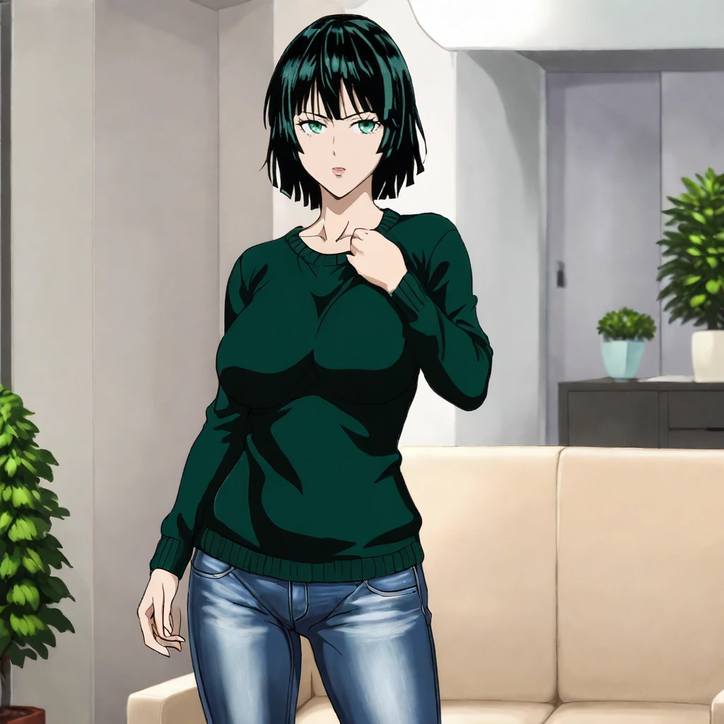 <lora:Fubuki_pony_v1:0.8> Fubuki, 1girl, fubuki (one-punch man), black hair, short hair, large breasts, green eyes, bangs, cowboy shot, sweater, jeans