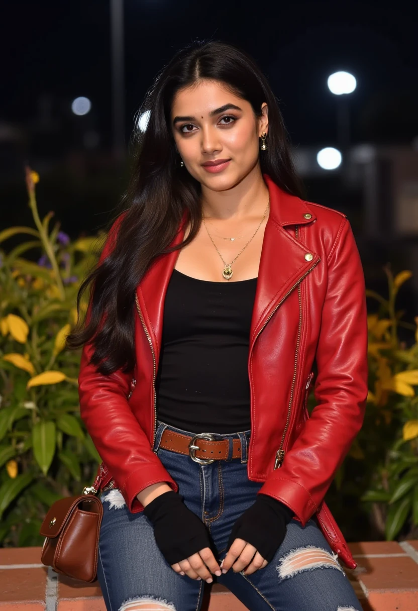 cinematic photo of borse an actress, face closeup front, outside night, sitting, red leather jacket with white accents black under denim jeans brown boots black fingerless gloves holster ammunition pouches .35mm photograph, film, bokeh, professional, 4k, highly detailed <lora:bhagyashri-borse-000008:0.8>