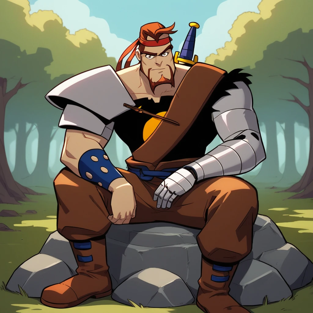 score_9_up, score_8_up, BREAK, Norman, 1boy, solo, brown hair, brown eyes, facial hair, muscular, red headband, armor, prosthetic arm, brown pants, sitting on rock,  <lora:Norman_MightyMax_PXL_Leaf1:1>, outdoors, forest,