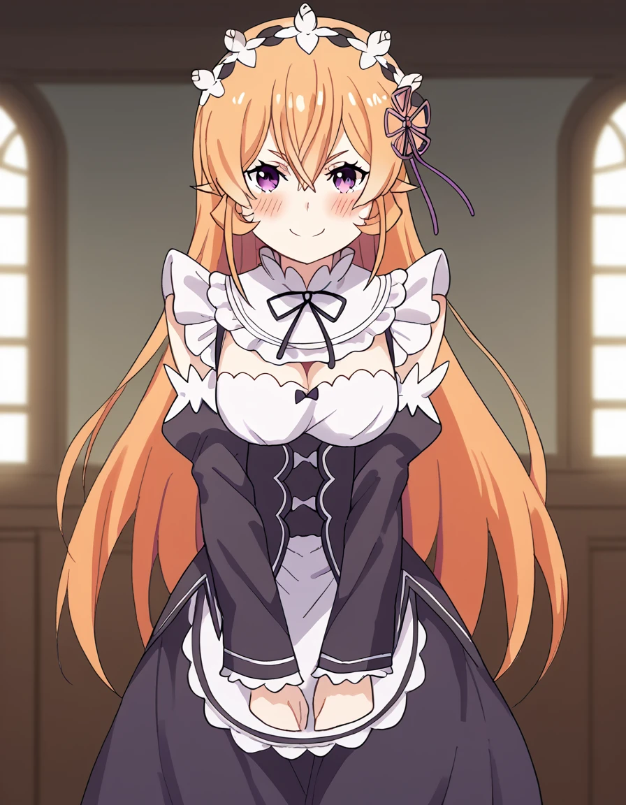 score_9, score_8_up, score_7_up, source_anime, <lora:erina-nakiri-s1-ponyxl-lora-nochekaiser:1>, erina nakiri, long hair, orange hair, purple eyes, hair between eyes, large breasts, <lora:rezero-ram-cosplay-ponyxl-lora-nochekaiser:1>, rezero rem cosplay, rem (re:zero) (cosplay), roswaal mansion maid uniform, cosplay, maid, enmaided, underbust, detached sleeves,, indoors, smile, blush, v arms, cowboy shot, looking at viewer