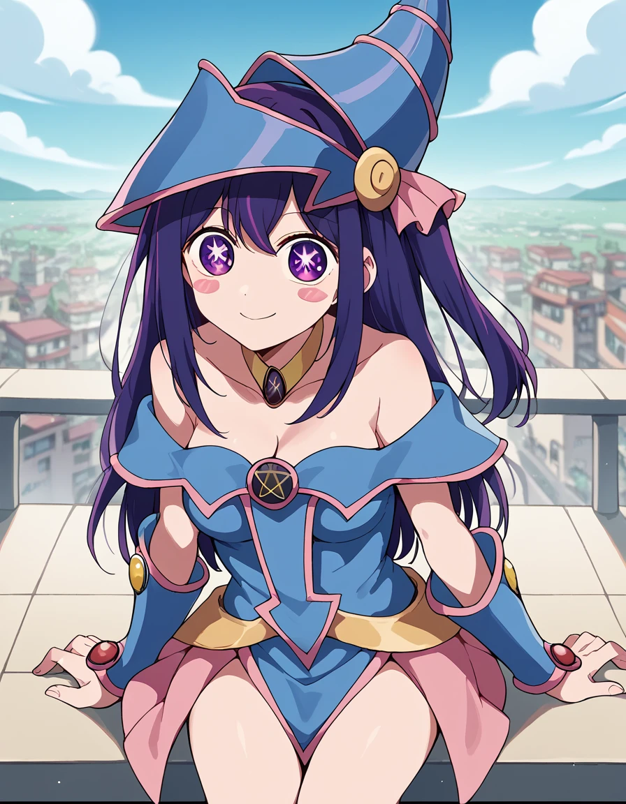 score_9, score_8_up, score_7_up, source_anime, <lora:ai-hoshino-s1-ponyxl-lora-nochekaiser:1>, ai hoshino, long hair, bangs, purple eyes, purple hair, symbol-shaped pupils, one side up, hair ornament, hair ribbon, medium breasts,, <lora:dark-magician-girl-cosplay-ponyxl-lora-nochekaiser:1>, dark magician girl cosplay, dark magician girl (cosplay), bare shoulders, blue footwear, blush, blush stickers, cleavage, collarbone, duel monster, hat, off shoulder, pentacle, wizard hat,, outdoors, cityscape, sitting, smile, blush, cowboy shot, looking at viewer