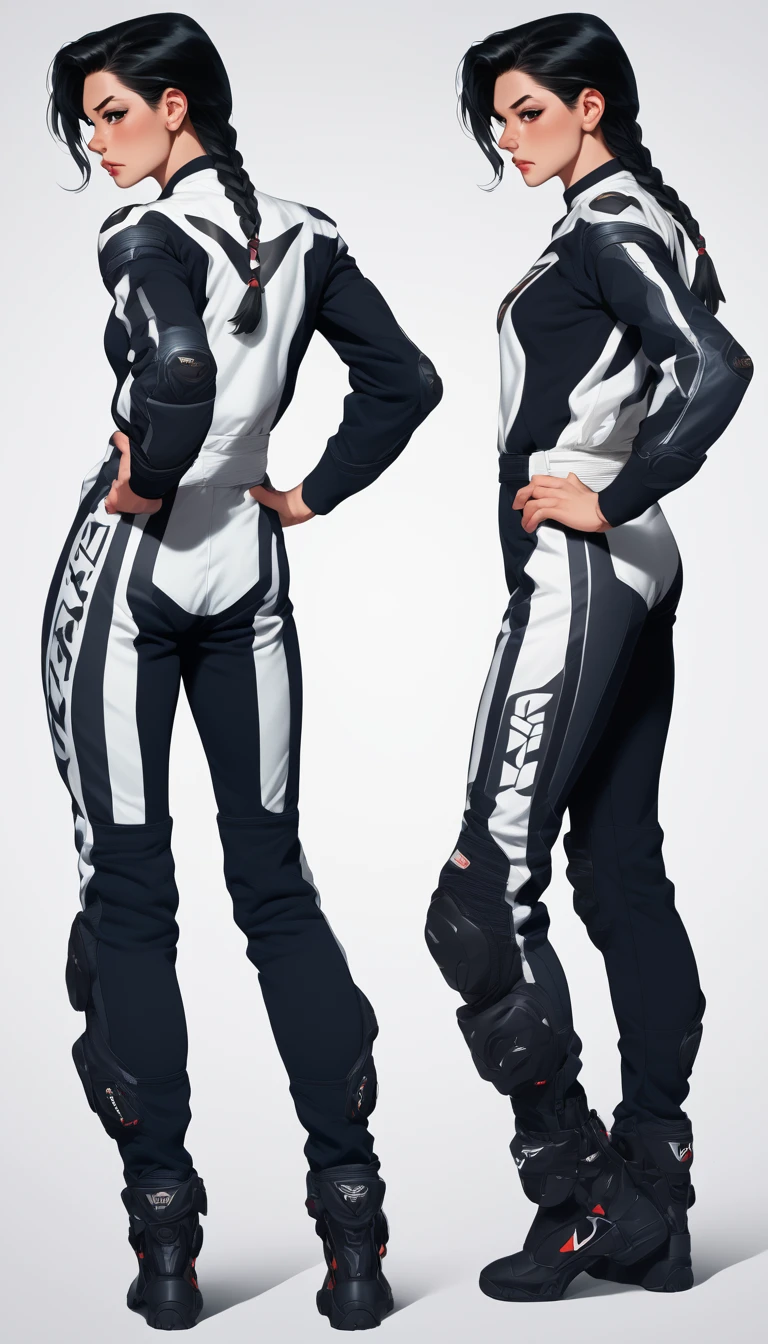 score_9, score_8_up, score_7_up, illustrationl, 1 girl , braid, black hair, female focus,motor bike racing suit, motor bike suit, racing suit,  full body, dynamic poses,  <lora:Motorcycle Racing Suit_epoch_9:0.8>, multiple views,  <lora:ComicsPonyXL_V2:0.8> Comistyle