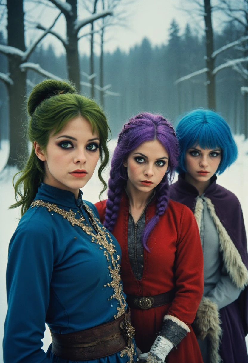 70sczech, This close-up photograph captures the faces of three women dressed in medieval-style costumes, set against a backdrop of a snowy forest. The woman on the left has vibrant green hair styled in loose waves, her serious expression enhanced by large dark eyeshadow. She wears a blue tunic adorned with intricate patterns. The woman in the middle, with bold purple hair in a braided updo, has piercing eyes accentuated by dark eyeshadow, wearing a red tunic with white fur trim. The third woman on the right sports bright blue hair in a sleek bob, her intense gaze framed by dramatic dark eyeshadow. She wears a white tunic layered with a purple cloak lined in white fur. The close-up highlights their fierce expressions, showcasing the details of their costumes and makeup.