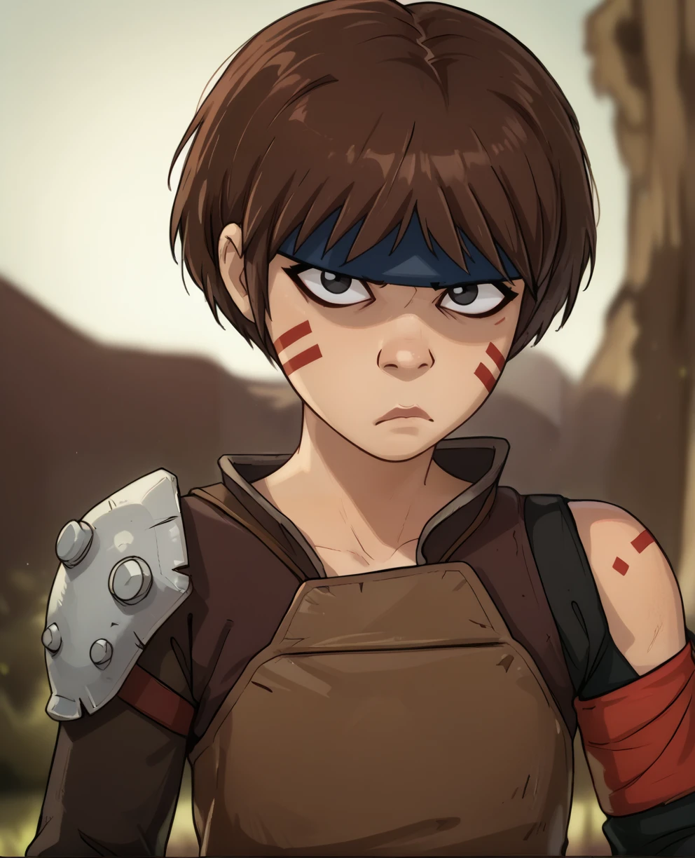 score_9,score_8_up,
smllbxl,brown hair,facial mark,black eyes,eyeliner,serious, shaded face, 
headband,brown leather top,single shoulder pad,red armband, long sleeves, 
camp,night,<lora:SmellerbeeXL:0.9>,