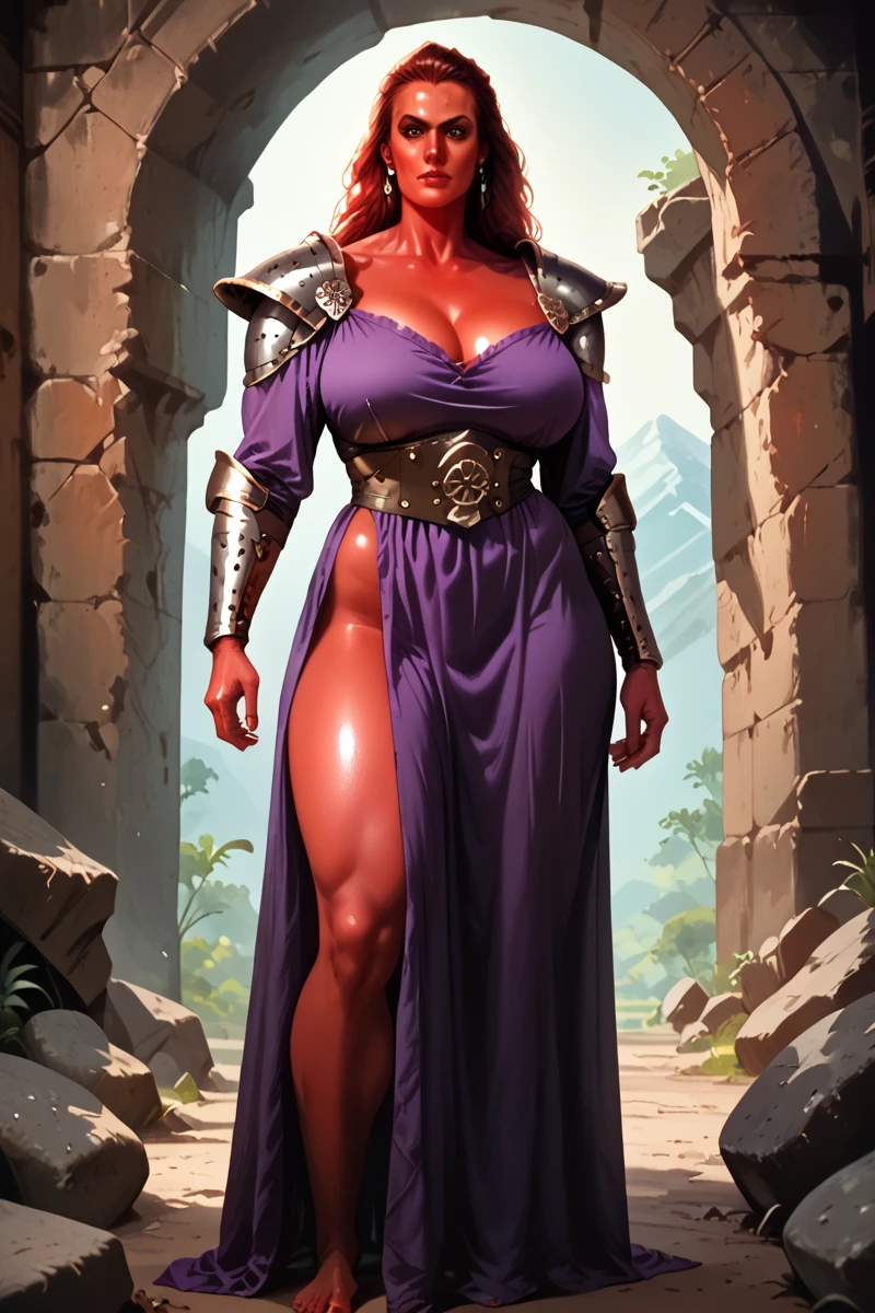 (pin up art of a huge tall woman, goliath, stone skin:1.4), 1girl, solo, mountain peak fantasy chapel, best quality, view from below, full body focus, rating_questionable, score_9, score_8_up, score_8, score_9, score_8_up, score_7_up, score_6_up, embedding:zPDXL3, (beautiful milf giant wearing purple leather torso armor, metal shoulder pads:1.2), athletic, strong, wide hips, thicc, (chubby:0.5), massive tits, (colored skin, red skin:1.2), Medieval hair, holding crate:1.2), flirty expression, detailed orange eyes