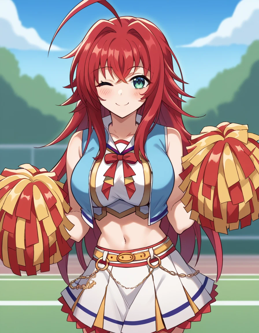 score_9, score_8_up, score_7_up, source_anime, <lora:rias-gremory-ponyxl-lora-nochekaiser:1>, rias gremory, huge ahoge, long hair, hair between eyes, green eyes, red hair, large breasts, <lora:umamusume-nice-nature-cosplay-ponyxl-lora-nochekaiser:1>, umamusume nice nature cosplay, nice nature (umamusume) (cosplay), pom pom (cheerleading), cheerleader, holding pom poms, cosplay, yellow belt, white skirt, midriff, blue jacket, navel, shirt, sleeveless shirt, sleeveless,, outdoors, smile, one eye closed, blush, cowboy shot, looking at viewer