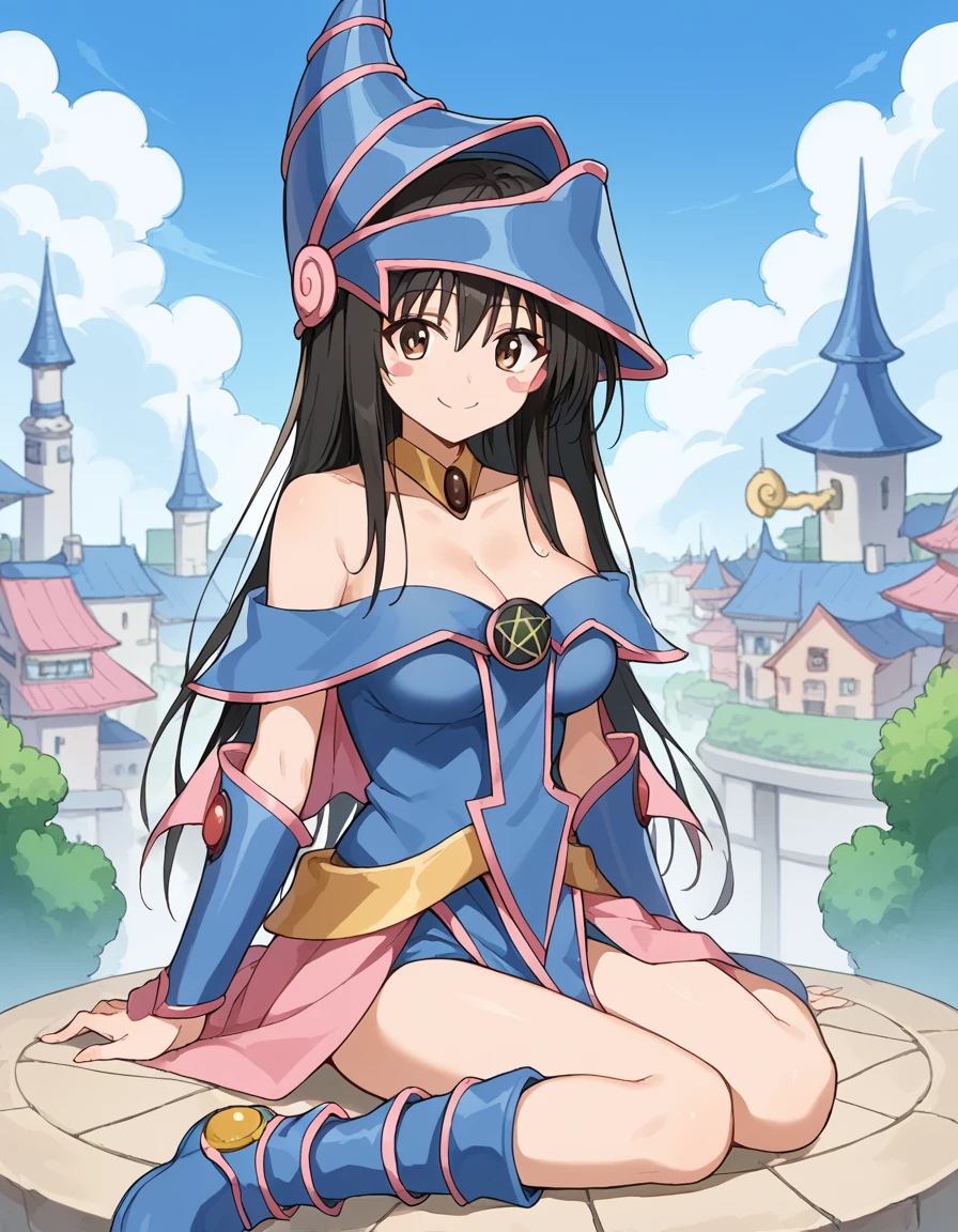 score_9, score_8_up, score_7_up, source_anime, <lora:yui-kotegawa-darkness-ponyxl-lora-nochekaiser:1>, yui kotegawa, black hair, brown eyes, long hair, large breasts, <lora:dark-magician-girl-cosplay-ponyxl-lora-nochekaiser:1>, dark magician girl cosplay, dark magician girl (cosplay), bare shoulders, blue footwear, blush, blush stickers, cleavage, collarbone, duel monster, hat, off shoulder, pentacle, wizard hat,, outdoors, cityscape, sitting, smile, blush, cowboy shot, looking at viewer