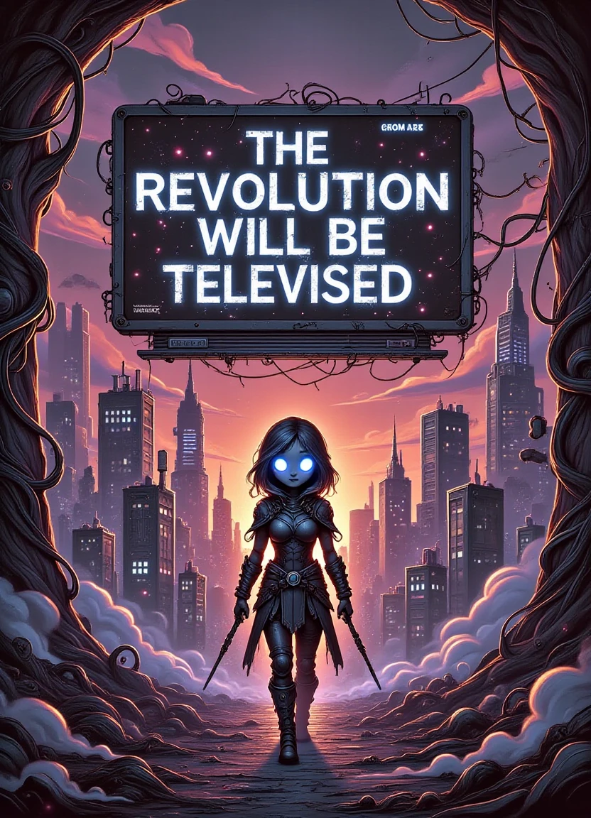 A futuristic cyberpunk cityscape at sunset with a massive digital billboard in the background displaying text "The Revolution Will Be Televised", featuring a lone female Bolian DonMPr1nc3551000FX warrior emerging from a heavily fortified underground bunker, her eyes glowing bright blue as she gazes out into the ruins of civilization.