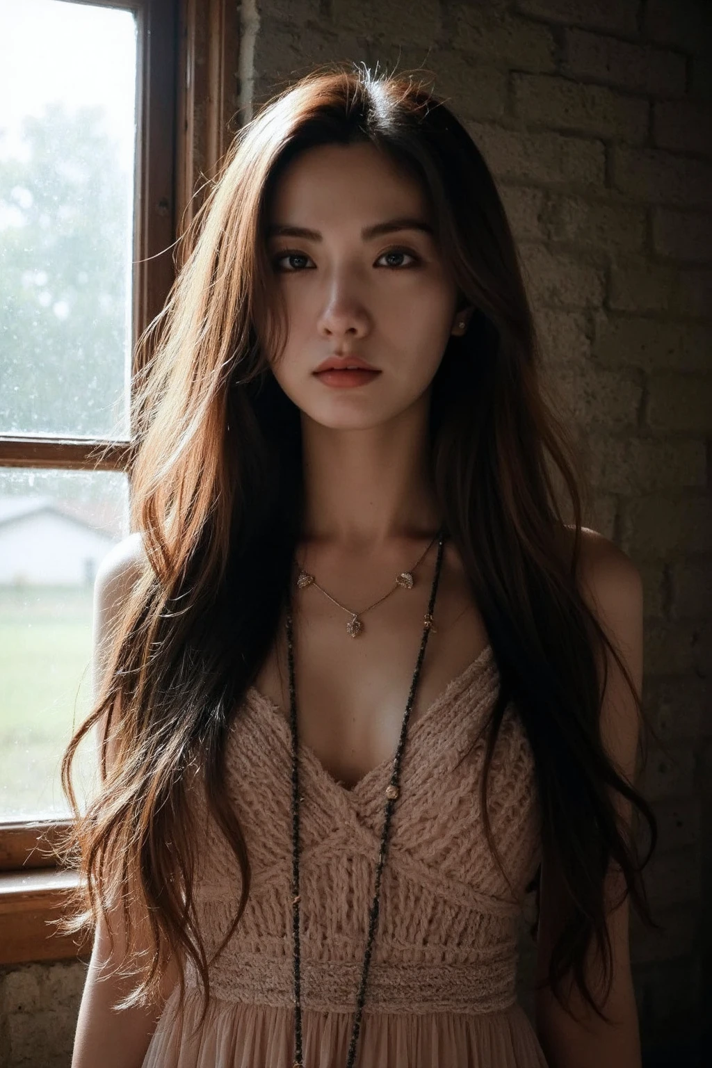 bright photo of beautiful korean girl with long wavy hair wearing bohemian dress, inside a rustic house with windows, necklace, dslr, studio lighting, high quality, film grain, light reflections, blood vessels, pale skin, detailed skin, <lora:flux_realism_lora:1>,<lora:makinaflux_nana_v1.0:1>