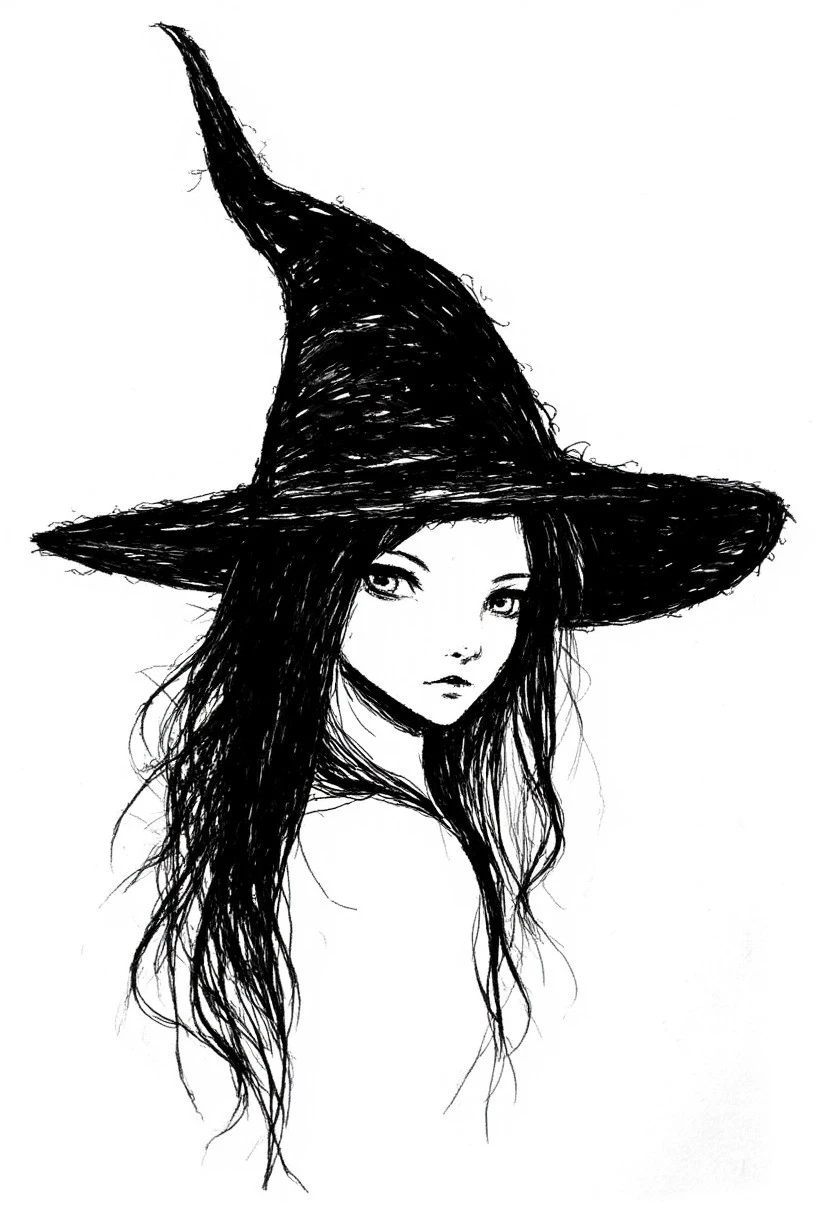 a gritty professional work of art in ink by AmeshinINK of a beautiful witch with a big witch hat