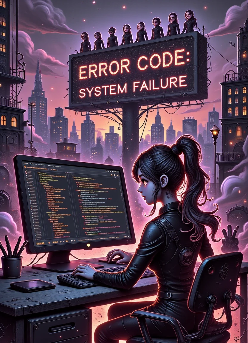 In a dystopian cityscape at sunrise with a massive digital billboard in the background reading "ERROR CODE: SYSTEM FAILURE" and a group of female aptonoth standing together on the rooftop as a group of hackers wearing black suits and sunglasses surround them, a cyber forensics analyst sits at her desk staring intensely at her computer screen displaying an open-source code repository with various programming languages such as Python, C++, and Java