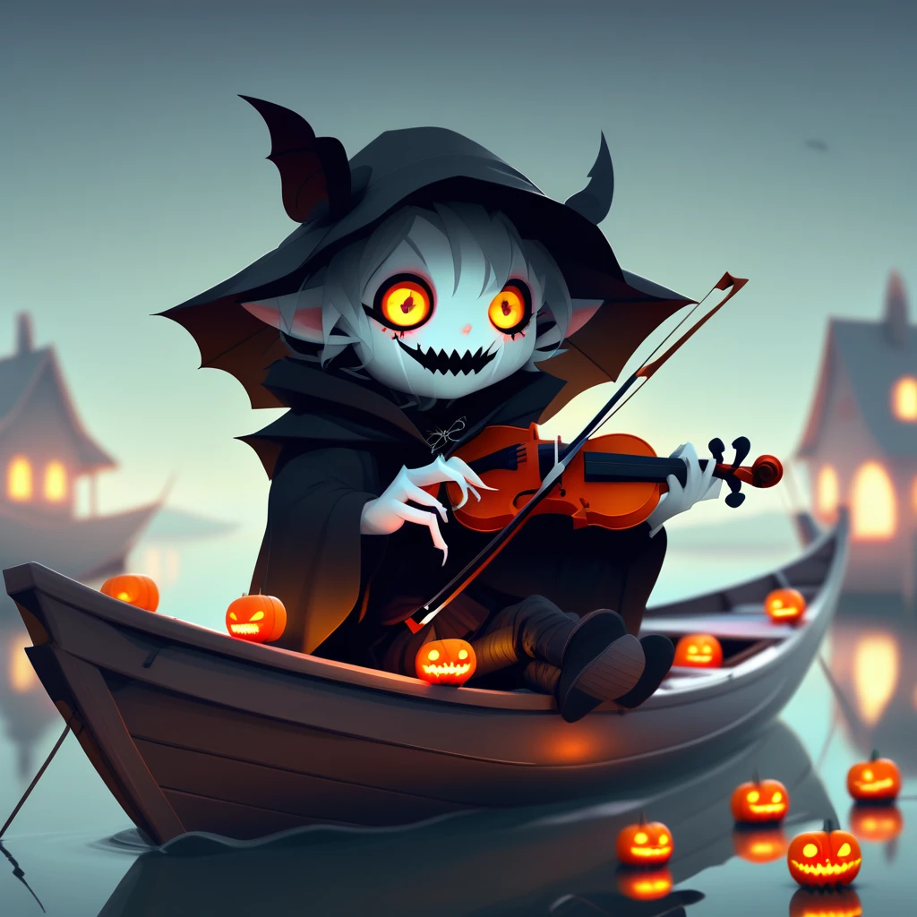 arthw24, violin, black cloak, pants, :d, stuffed toy, backlighting, glowing eyes, weapon, 6+others, fangs, sitting, cup, halloween, boat