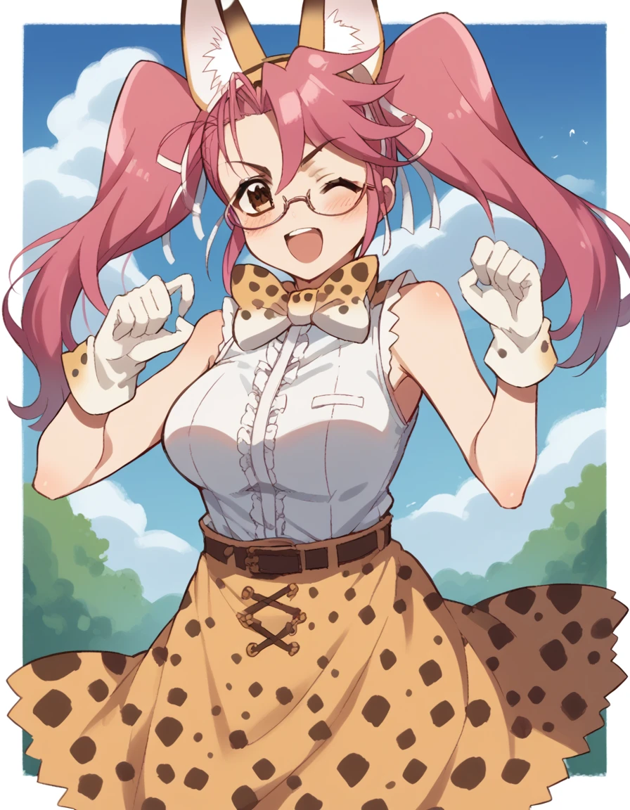 score_9, score_8_up, score_7_up, source_anime, sayatakagi, <lora:saya-takagi-ponyxl-lora-nochekaiser:1>, saya takagi, long hair, ribbon, twintails, brown eyes, hair ribbon, pink hair, glasses, large breasts,, <lora:serval-cosplay-ponyxl-lora-nochekaiser:1>, serval cosplay, serval (kemono friends) (cosplay), serval print, print bowtie, print bow, two-tone bowtie, orange bowtie, two-tone bow, print skirt, white bowtie, orange bow, animal ears, belt, cat ears, fake animal ears, gloves, leopard print, yellow skirt, white shirt, sleeveless, sleeveless shirt,, savannah, open mouth, blush, smile, one eye closed,, cowboy shot, looking at viewer,