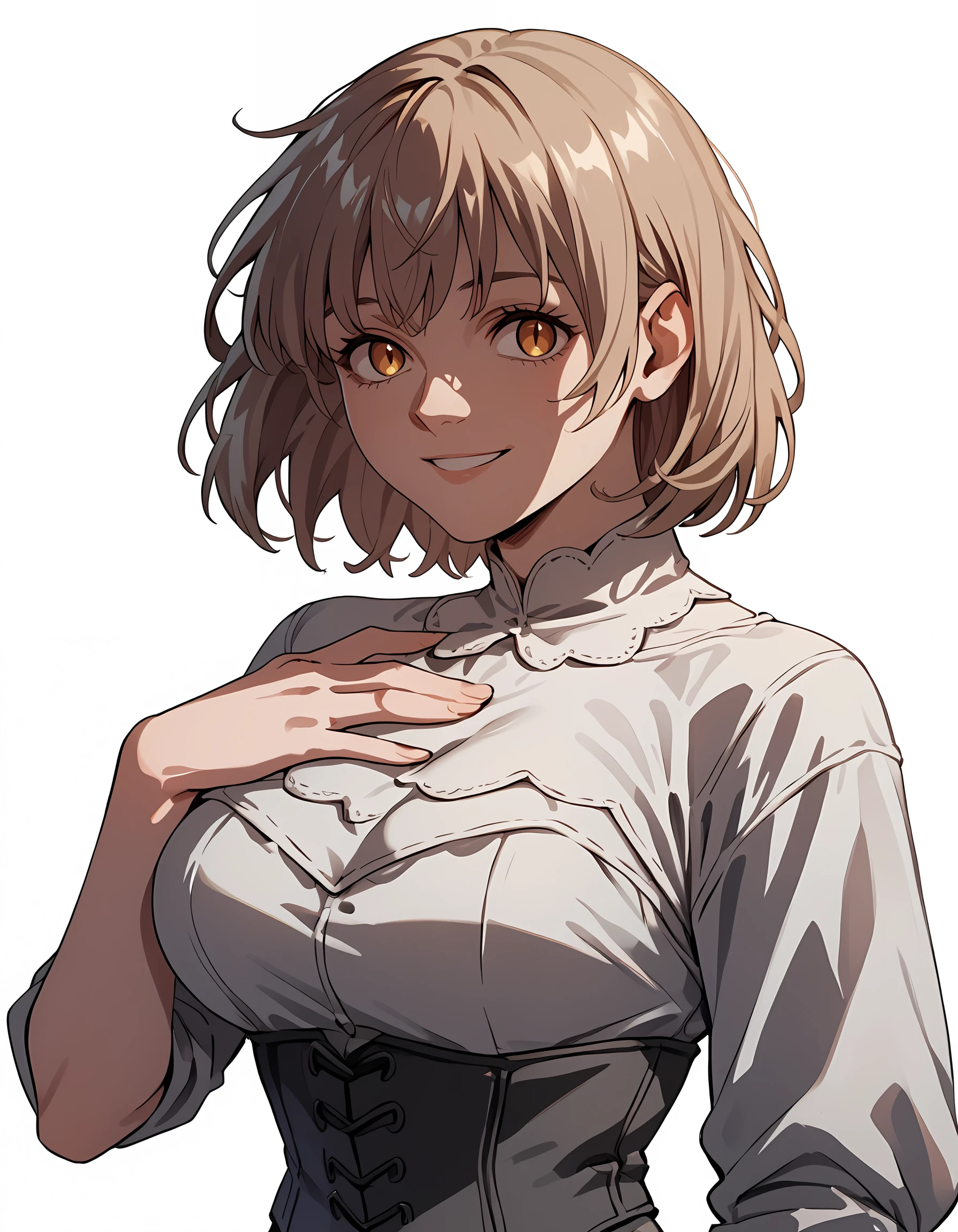 <lora:Falin:1>f4lin-thorden, 1girl, large breasts, grey pants, corset, smile, simple white background, upper body, one hand on chest, slit pupils