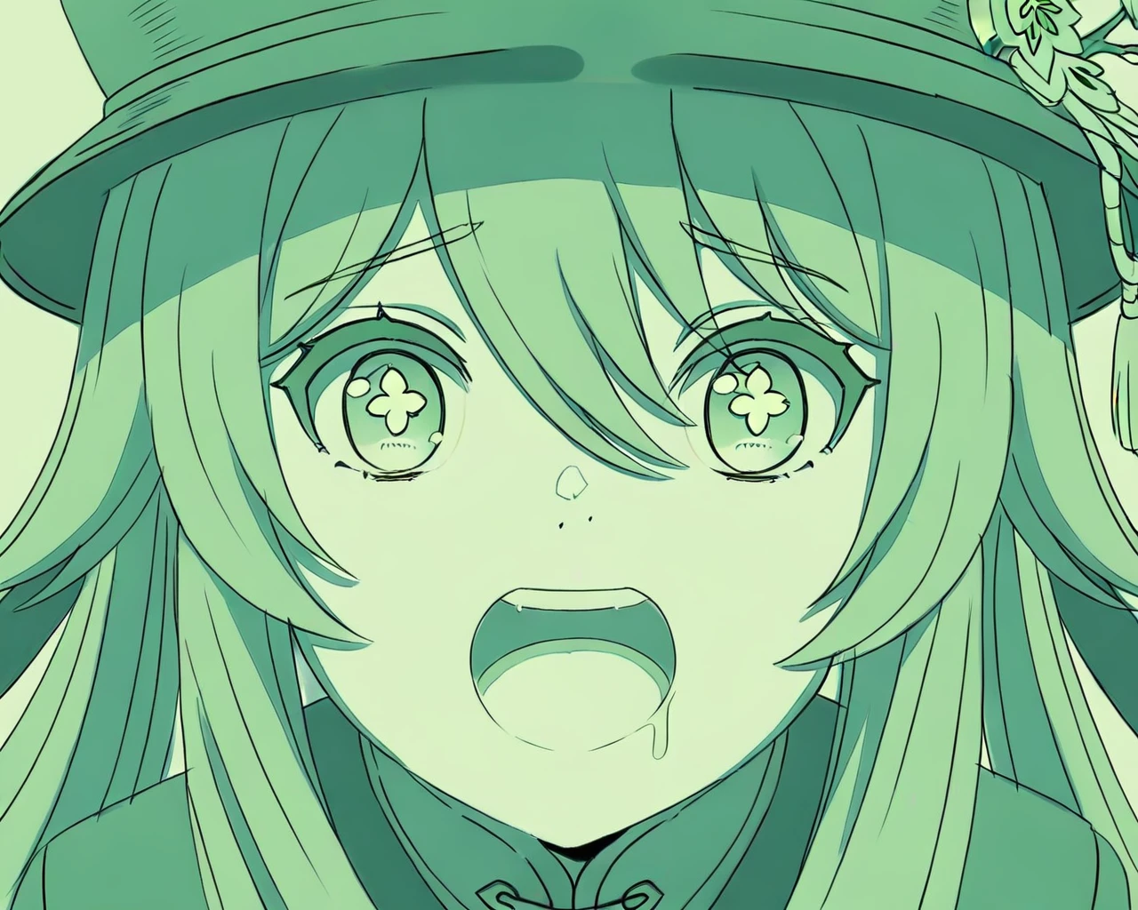 <lora:originalanime_shadow_illustrious_v1_uo-000140:0.8> oamhfs, simple background,monochrome, green theme,
1girl, hu tao \(genshin impact\), genshin impact, hat, 
,face focus, excited, unusually open eyes, saliva,, masterpiece