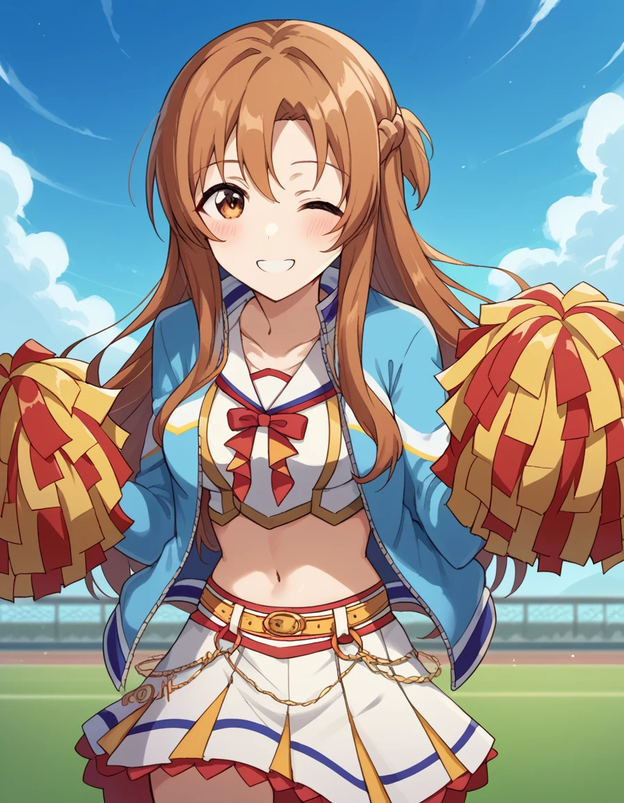 score_9, score_8_up, score_7_up, source_anime, asunayuuki, <lora:asuna-yuuki-s1-ponyxl-lora-nochekaiser:1>, asuna yuuki, long hair, brown hair, brown eyes, medium breasts,, <lora:umamusume-nice-nature-cosplay-ponyxl-lora-nochekaiser:1>, umamusume nice nature cosplay, nice nature (umamusume) (cosplay), pom pom (cheerleading), cheerleader, holding pom poms, cosplay, yellow belt, white skirt, midriff, blue jacket, navel, shirt, sleeveless shirt, sleeveless,, outdoors, smile, one eye closed, blush, cowboy shot, looking at viewer