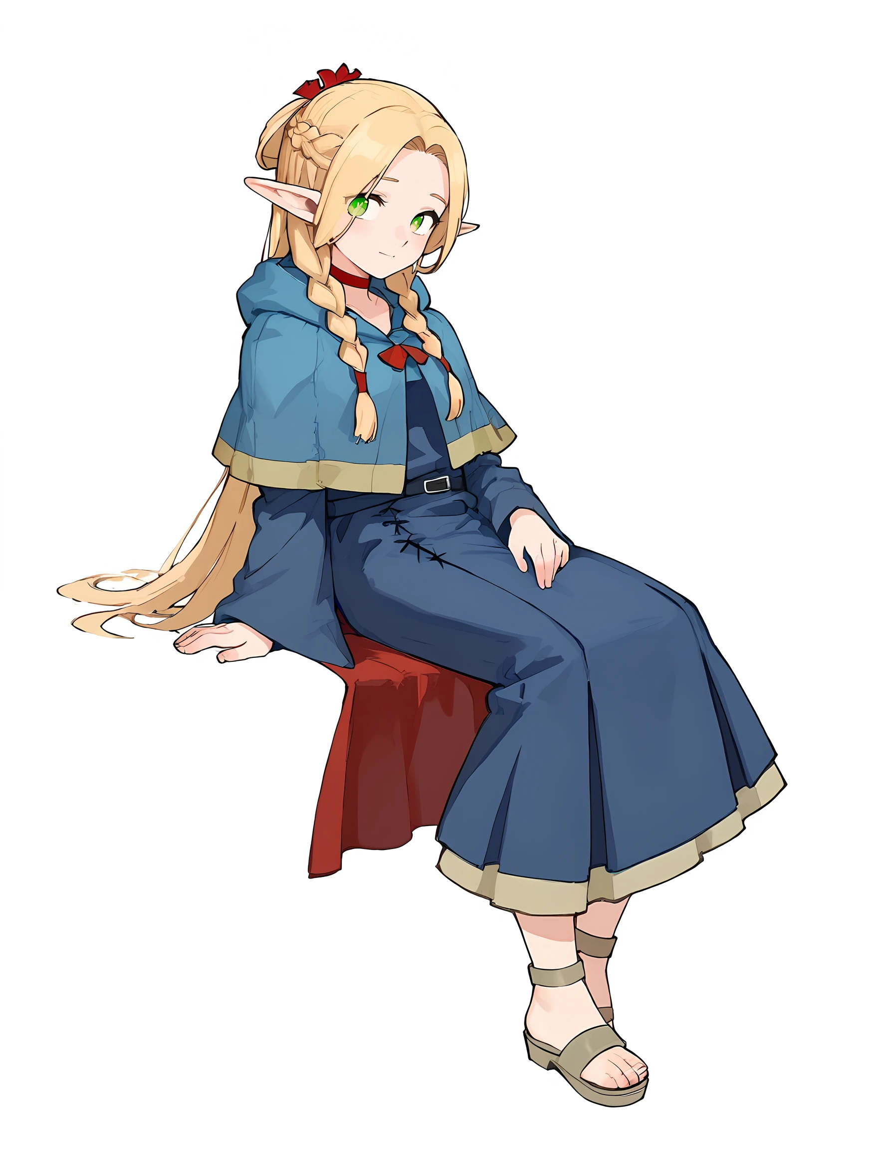 <lora:Marcille:1>marcille-donato, 1girl, solo, simple background, 
french braid, twin braids, half updo, 
blue hooded capelet, red choker, blue robe, sandals