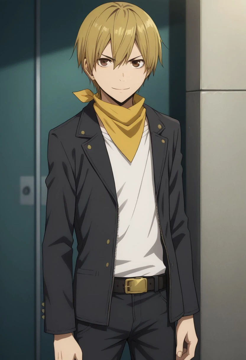 score_9, score_8_up, score_7_up, source_anime, highly detailed, 
masaomi, 1boy, male focus, solo, blonde hair, short hair, hair between eyes, brown eyes,  neckerchief, yellow neckerchief, jacket, black jacket, open jacket, open clothes, shirt, white shirt, belt, pants, smile, determined
outdoor,