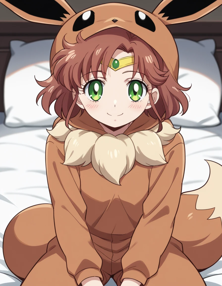 score_9, score_8_up, score_7_up, source_anime, <lora:makoto-kino-eternal-movie1-ponyxl-lora-nochekaiser_r1:1>, makoto kino, brown hair, circlet, green eyes, hair bobbles, hair ornament, medium hair, ponytail, sidelocks, parted bangs,, <lora:eevee-cosplay-ponyxl-lora-nochekaiser:1>, eevee cosplay, eevee (cosplay), cosplay, hood, hood up, long sleeves, kigurumi, animal ears, pokemon tail, tail,, bed, on bed, sitting, smile, blush,, cowboy shot, looking at viewer,