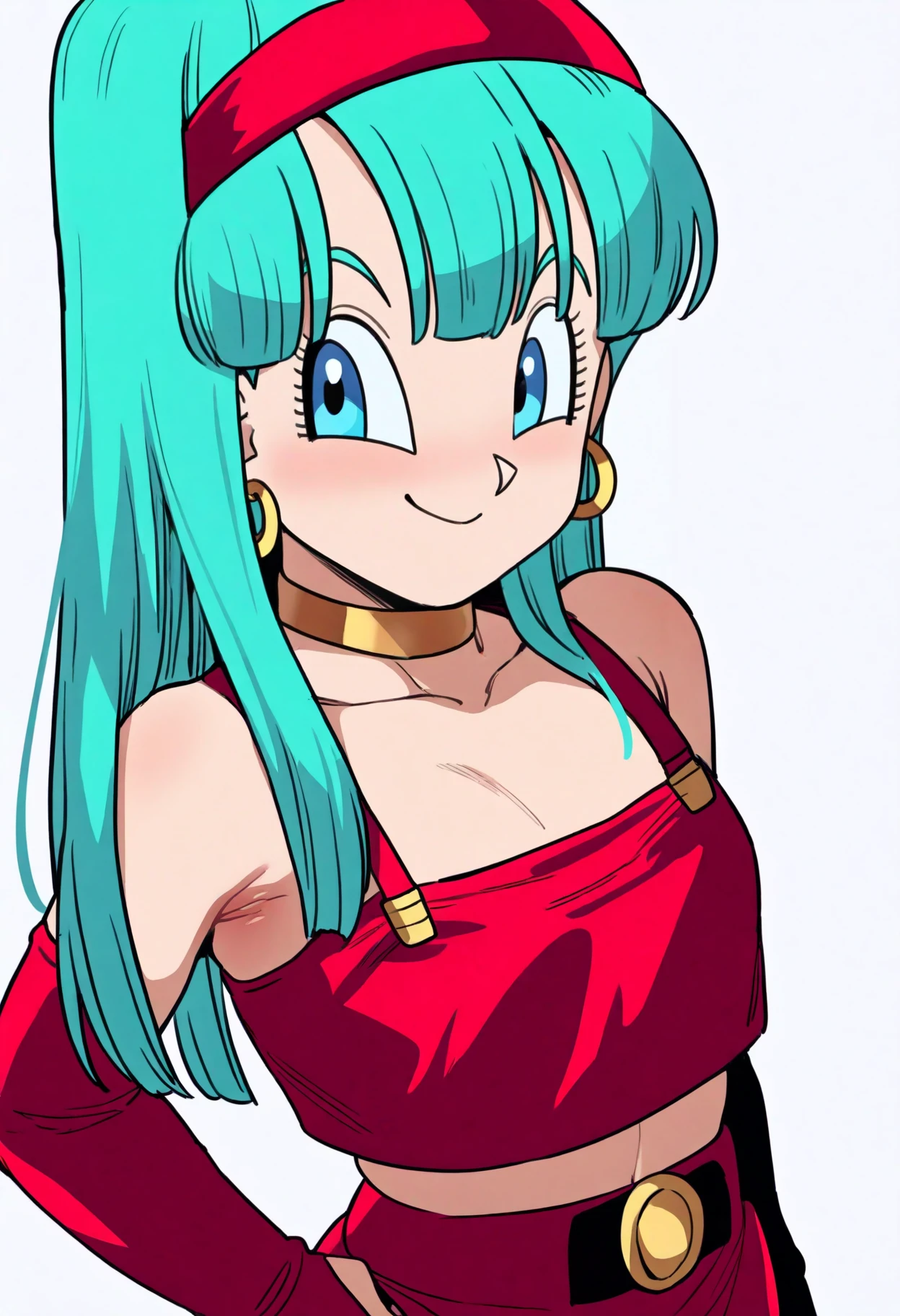 best quality, amazing quality, very aesthetic, absurdres,
1girl, bulla, aqua hair, long hair, blue eyes, hairband,
choker, crop top, earrings, red bridal gauntlets, red elbow gloves, midriff, red skirt,
smile, looking at viewer, upper body, simple background, white background    <lora:BullaIllustriousXL_byKonan:1>