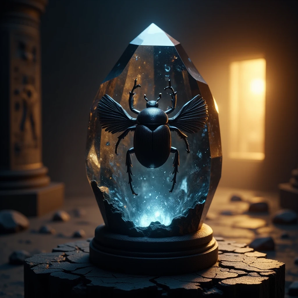 professional 3d model <lora:lora.TA_trained:1>A smooth, dark blue crystal rests on a pedestal in the heart of an ancient Egyptian tomb, its surface glowing faintly in the dim light. Inside, a giant scarab beetle is frozen, its glossy, iridescent wings spread wide as though about to take flight. The beetle's body is richly detailed, with its sharp mandibles and long legs caught in the crystal's grasp. Hieroglyphics cover the walls of the tomb, and faint golden light from the distant entrance reflects off the crystal's surface, casting dancing patterns across the chamber. The atmosphere is quiet, almost sacred, as the ancient beetle remains forever encased in the mysterious crystal, a relic of a forgotten age. . octane render, highly detailed, volumetric, dramatic lighting