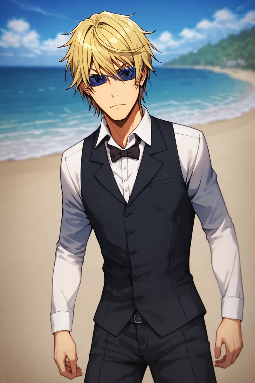 score_9, score_8_up, score_7_up, score_6_up, score_5_up, score_4_up,<lora:Heiwajima_shizuo-000015:0.8>, heiwajima shizuo, 1boy, blond hair, brown eyes, sunglasses, white shirt, sleeveless vest, collared shirt,  black vest, closed vest, black bowtie, black pants, standing, solo, alone, solo, masterpiece, highres, beach, sea, sand