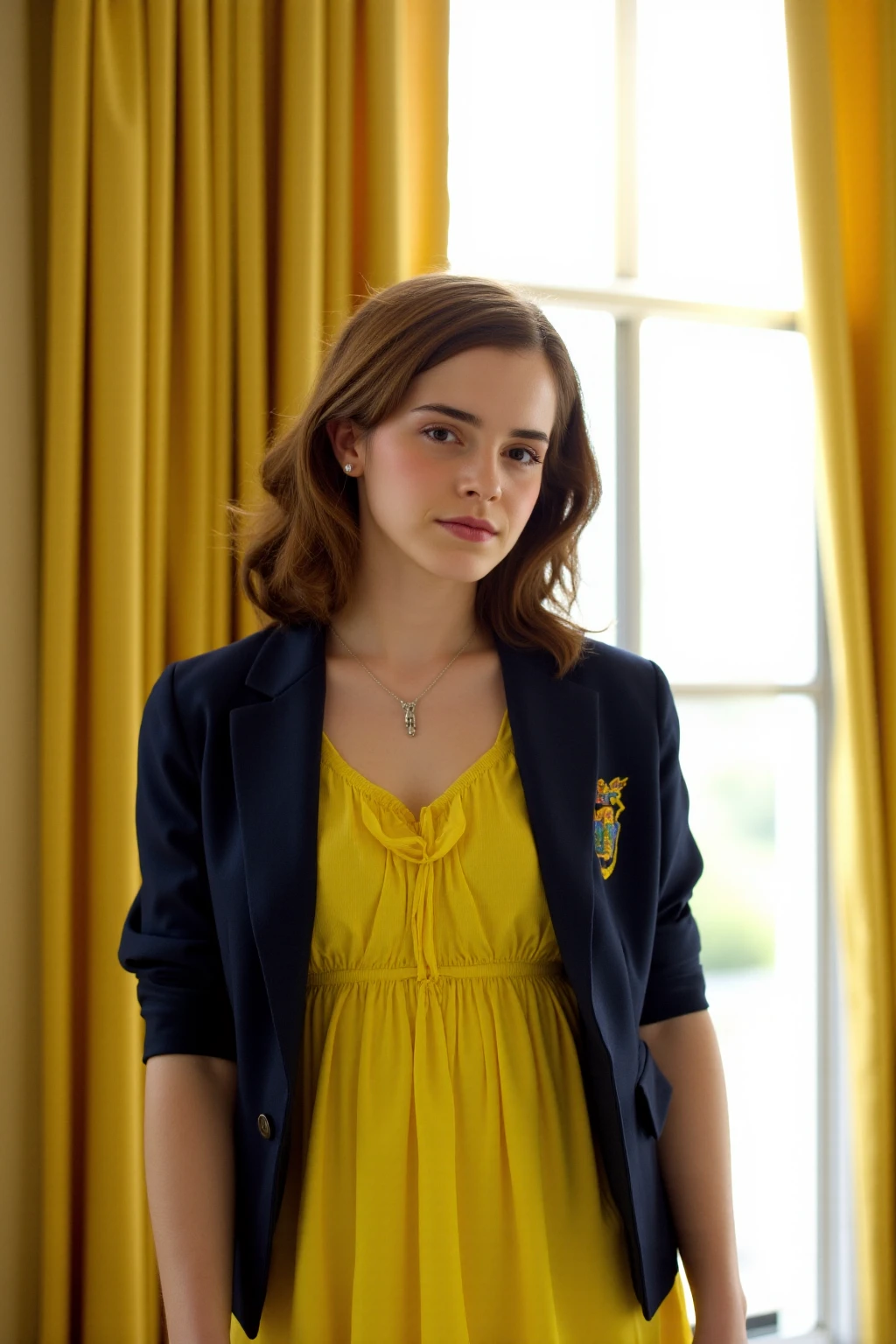 This is a high-resolution photograph of a young woman with fair skin, shoulder-length, wavy brown hair, and a delicate, oval face. She is standing indoors next to a large window with yellow curtains featuring a subtle floral pattern. The lighting is soft and natural, suggesting it is daytime.
The woman is wearing a navy blue blazer with gold buttons and a crest patch on the upper left sleeve. Underneath, she has on a bright yellow dress with a ruffled neckline and short sleeves. The dress is made of a light, flowing fabric that drapes softly against her body. She is also wearing a delicate, silver necklace with a small pendant that rests just above her cleavage.
Her expression is calm and slightly inquisitive, with her lips slightly parted and her eyes looking directly at the camera. The background is softly focused, with the yellow curtains adding a warm, elegant touch to the overall composition.
The image is credited to EmmaWatson.net, indicating it might be promotional material related to the actress Emma Watson. The photograph is professionally shot, with a clear focus on the subject and a balanced lighting setup that highlights her features and the textures of her clothing.
,Emma Watson, , <lora:Emma_Watson_Flux_V1-000001:1>