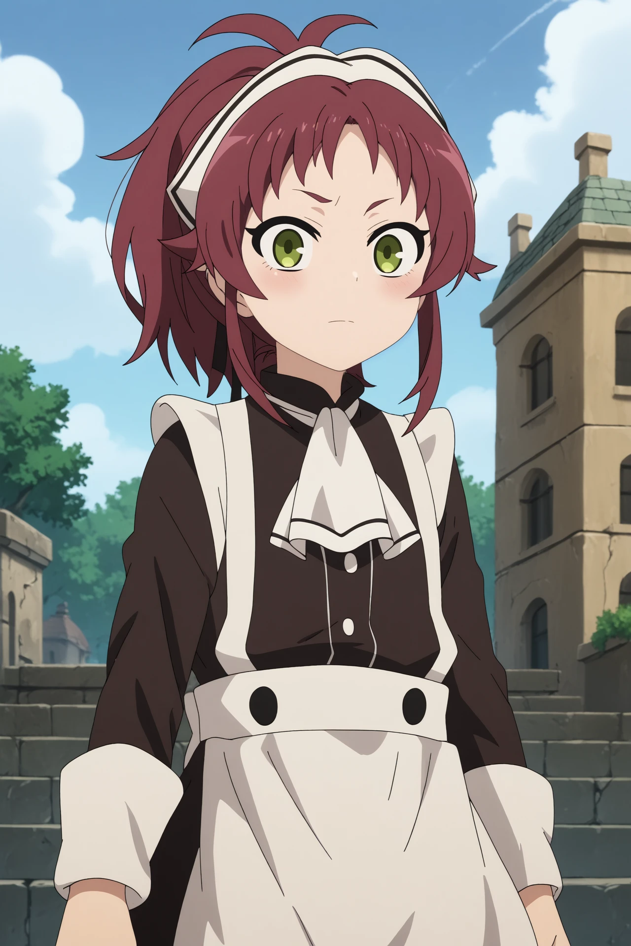 aisha greyrat,1girl,solo,looking_at_viewer,apron,maid,long sleeves,ascot,ponytail,maid headdress,smile
BREAK
outdoors,blue sky,sunshine,sun,old city,ruins

__randomizer89\usefull\poses3__,


<lora:Aisha_Greyrat_-_Mushokou_Tensei.safetensors:0.8>