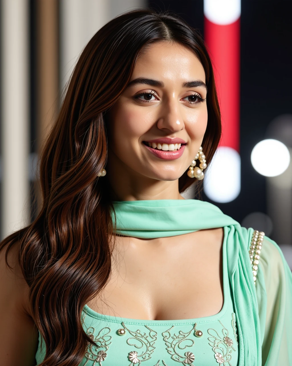 cowboy shot photo of disha patani woman, glamor photo, laughing face,studio quality, wearing intricate high neck elegant Mint Green Phulkari Suit covering her chest and cleavage, curls, night time city bokeh<lora:TestBed\Disha_Patani_Flux_Kohya_V1-step00000400.safetensors:1.0:1.0>