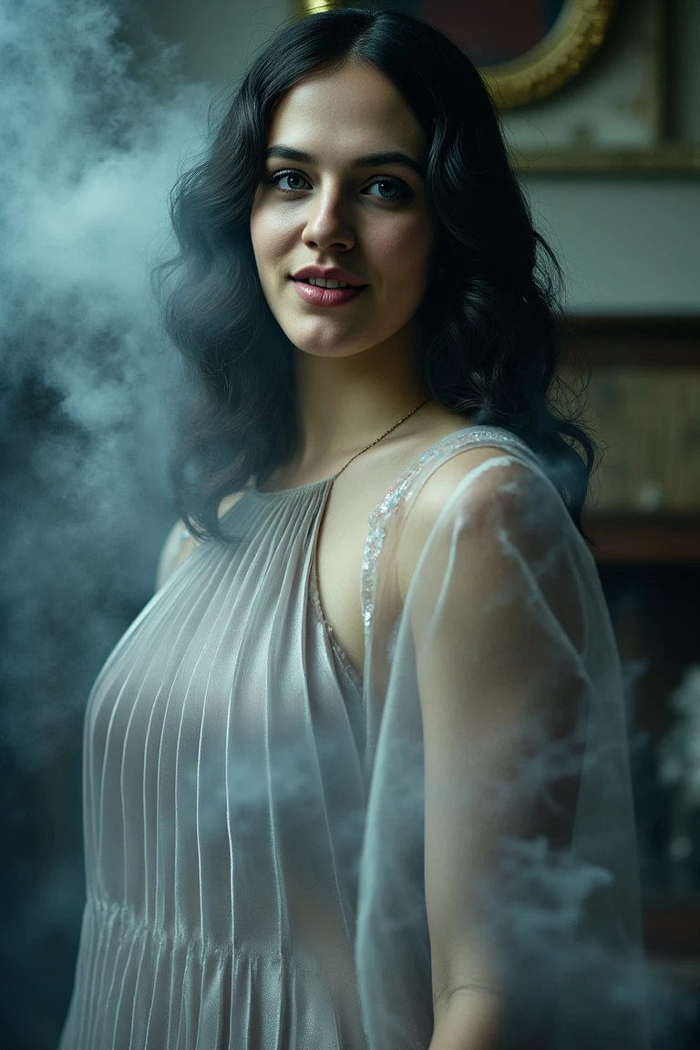 Artistic photograph, ethereal and mysterious.
Long, flowing hair, slightly tousled, soft makeup with a hint of shimmer, enhancing her delicate features.
Dressed in a flowing gown, translucent fabric that subtly blends with the surrounding haze, creating a dreamlike quality.
Partially obscured by swirling smoke, only her gentle smile and bright eyes visible, evoking a sense of intrigue and allure.
Soft, muted colors, low lighting enhancing the smoky ambiance, creating a tranquil yet enigmatic atmosphere, captivating and surreal.