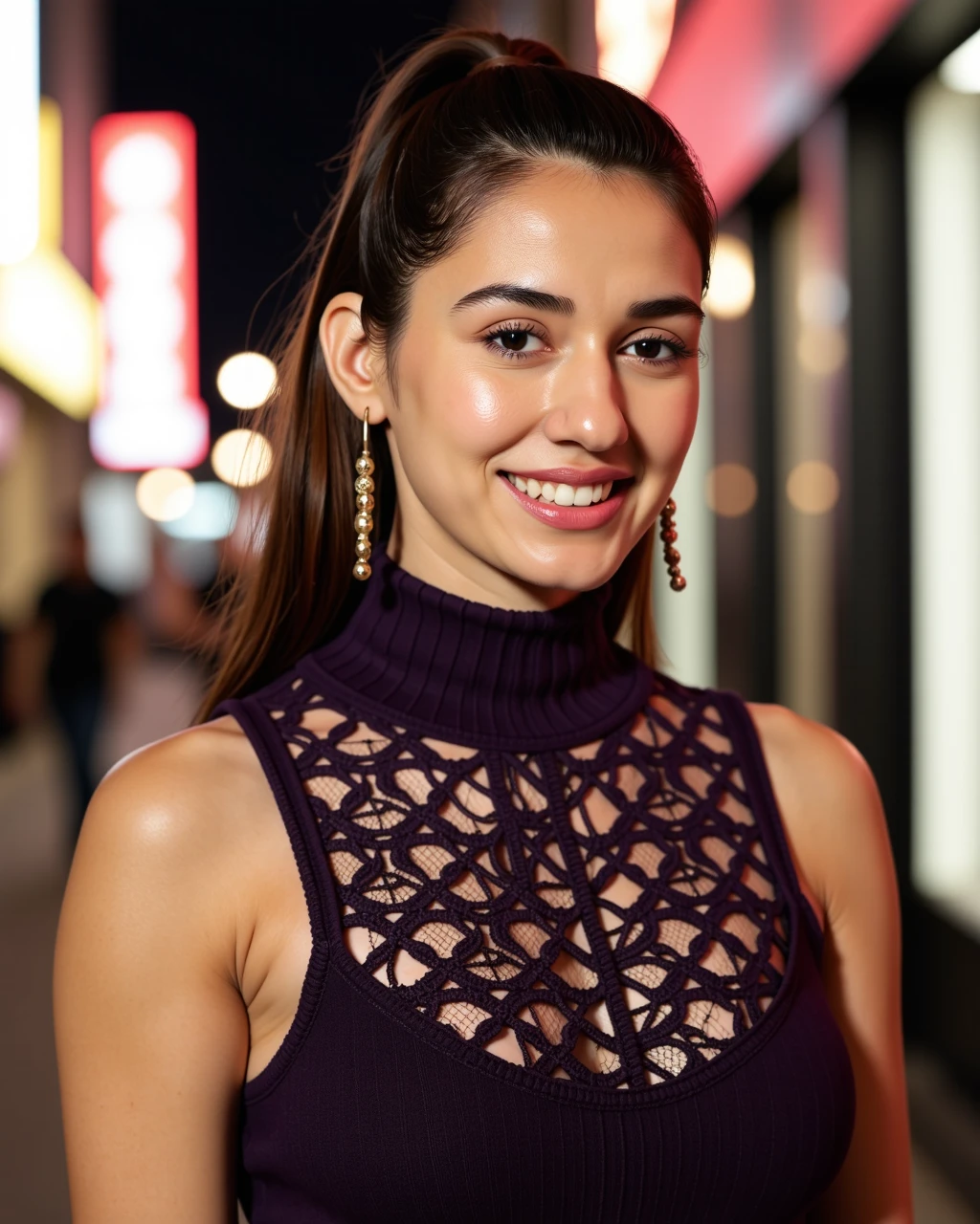 cowboy shot photo of disha patani woman,paparazi photo, grinning face,studio quality, wearing intricate high neck elegant Violet sleeveless turtleneck sweater, high ponytail, night time city bokeh<lora:TestBed\Disha_Patani_Flux_Kohya_V1-step00000400.safetensors:1.0:1.0>