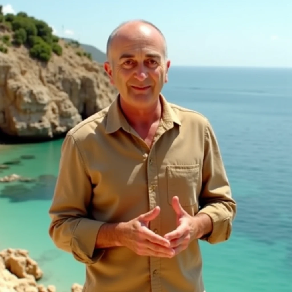 an image of tony robinson wearing a tan shirt, standing in a mediterranean coastline presenting a factual TV show to camera