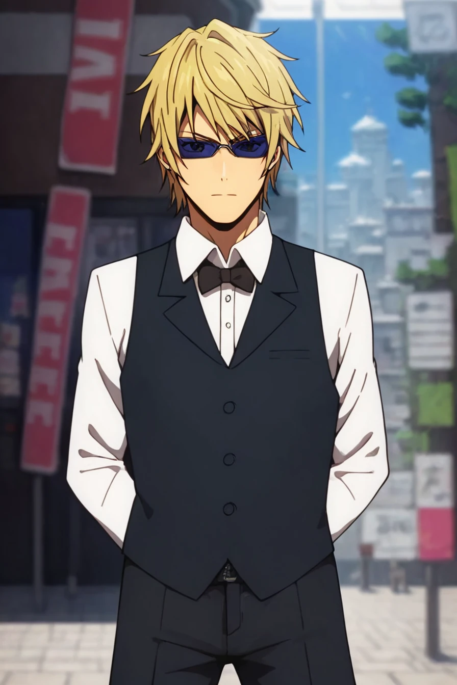 score_9, score_8_up, score_7_up, score_6_up, score_5_up, score_4_up,<lora:Heiwajima_shizuo-000015:0.8>, heiwajima shizuo, 1boy, blond hair, brown eyes, sunglasses, white shirt, sleeveless vest, collared shirt,  black vest, closed vest, black bowtie, black pants, standing, solo, alone, solo, masterpiece, highres, city background, sunset, sunlight