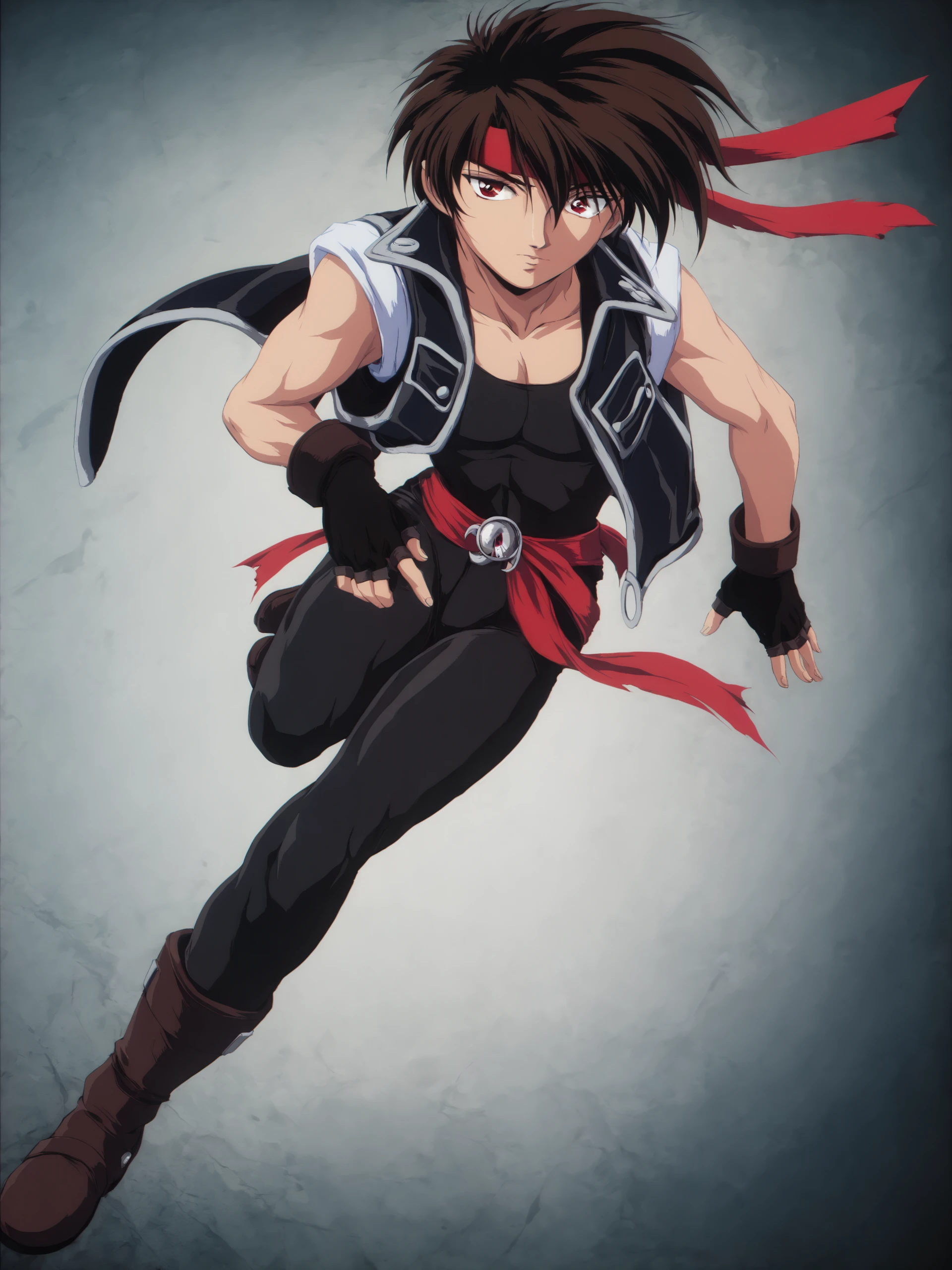 masterpiece, best quality, orphen, majutsushi orphen, retro artstyle, solo, looking at viewer, brown hair, 1boy, red eyes, jacket, boots, pants, fingerless gloves, vest, headband, brown footwear, red headband <lora:Orphen_v1.0-000006:0.9>