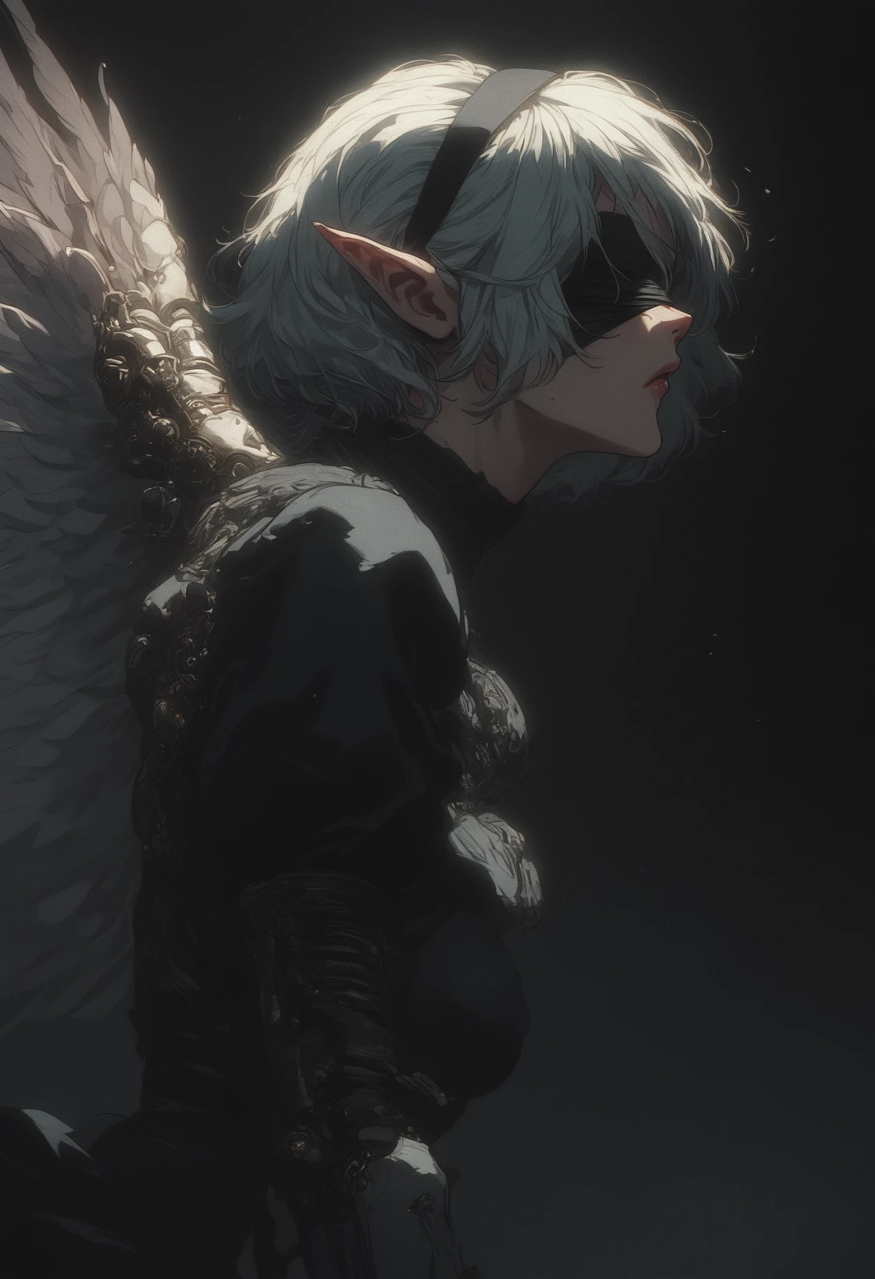 score_9, score_8_up, score_7_up, score_6_up, score_5_up, score_4_up,
solo, 
2b yorha, black blindfold, elf, elf ears, action sequence, side view, pale skin, partially illuminated, kneeling, angelic wings, cybernetic arms