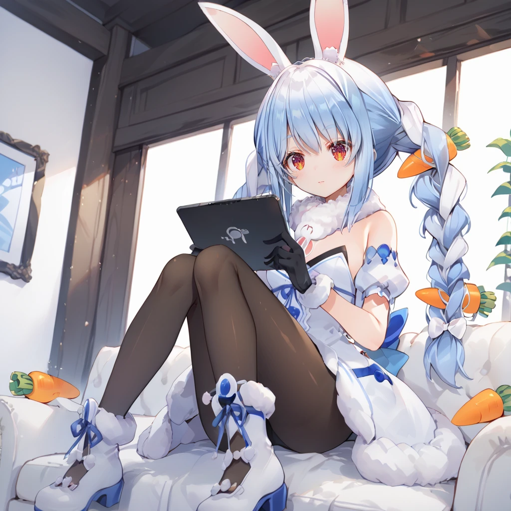 core_9,score_8_up,score_7_up,source_anime,high res image,masterpiece,best quality,(girl:1),cute face,clear skin,shiny hair,pekochan_nml,pantyhose,1girl,sitting,animal ears,long hair,rabbit ears,gloves,pantyhose,carrot hair ornament,blue hair,hair ornament,food-themed hair ornament,twin braids,animal ear fluff,black gloves,braid,white hair,indoors,holding tablet pc,<lora:cnv3mdde878c738thn20:1>,<lora:Usada_Pekora_åç°ãºãã_hololiveVtube-000005:0.9>,