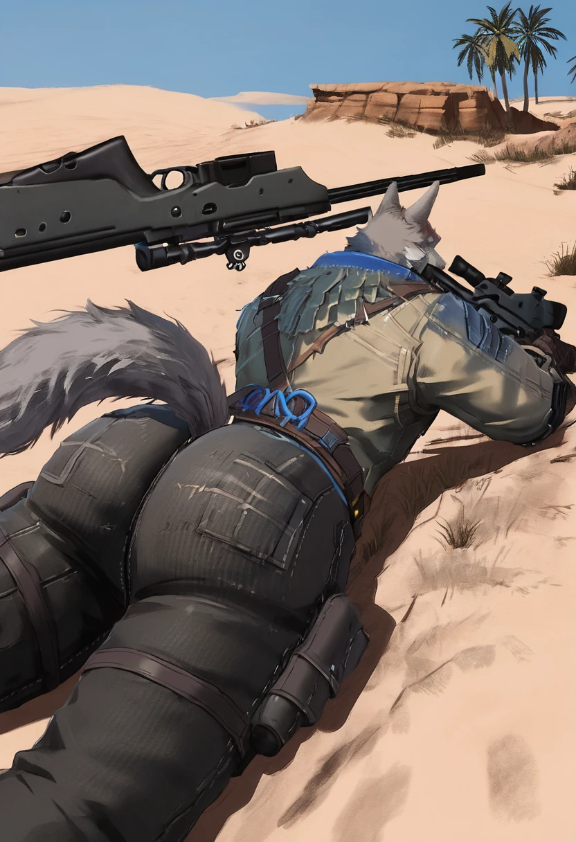 <lora:Jack_-_Wild_Assault:1>, jackwildassault, scar on face, male, male focus, gay, wolf, yellow eyes, furry, anthro, big ass, wolf tail, laying on stomach, (close up on ass), big ass, (ripped pants), pants rip, from behind, holding gun, sniper rifle, shooting gun, desert, palm trees, <lora:Ass slider _last:2>, low-angle view