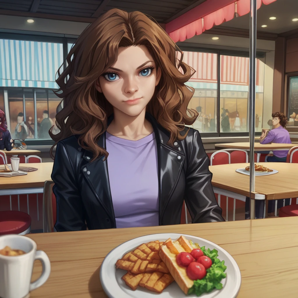 rating_safe, zPDXL3, score_9, score_8_up, score_7_up, score_6_up, score_5_up, score_4_up, highres, incredibly absurdres, highly detailed, sitting, pov across table, restaurant, crowd, food, closed mouth, 1girl, solo,  <lora:Serena_Abweh:0.6> serabwenah, long hair, wavy hair, brown hair, blue eyes, black leather jacket, purple shirt, <lora:Dark_Side_of_Dimensions:0.7>