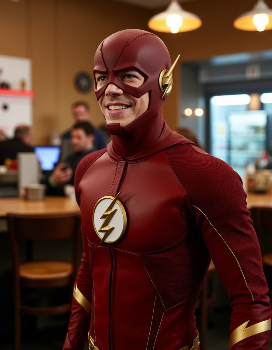 <lora:The_Flash_Flux:1> This is an image of Barry Allen wearing the flash costume, standing in a cafe, looking at the viewer, smile