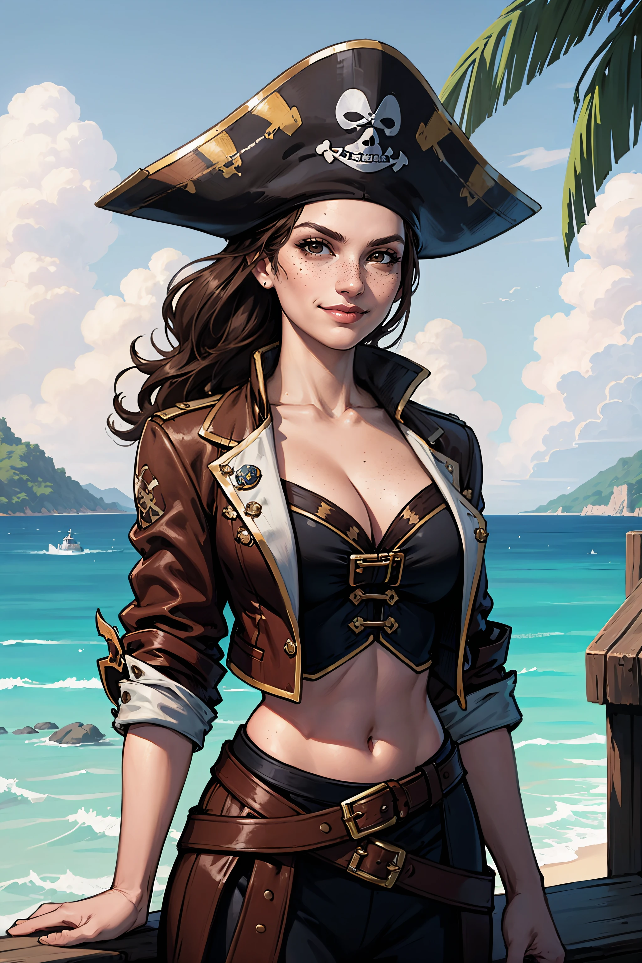 (masterpiece, highest quality, illustration), fantasy, upper body, solo, woman, smirk, smug look, brown hair, brown eyes, freckles, pirate outfit, cropped pirate jacket, pirate hat, (navel:0.5), cleavage, standing, outdoors, tropical island, ocean, clouds, sky