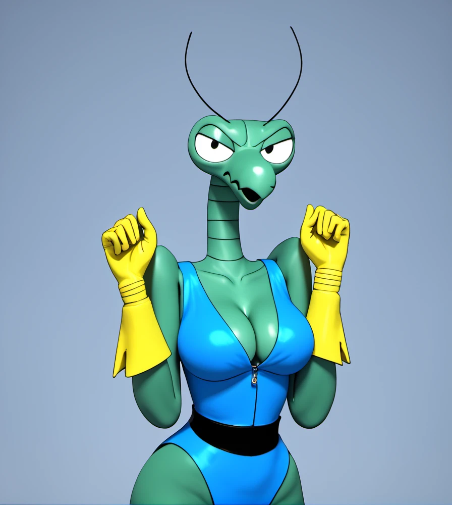 score_9, score_8_up, score_7_up, high res:1.5, digital media (artwork), 3d, 3d (artwork), blender (artwork), solo focus, z0r4k, insect, mantis, dokarian, beak, black antennae, long neck, green skin, big eyes, black pupils, yellow gloves, blue vest, anthro, female, voluptuous, breasts, big breasts, clothed, wide hips, huge hips, hands up, (shrugging), looking at viewer, spotlight, <lora:Zorak_-_Space_Ghost:0.9>