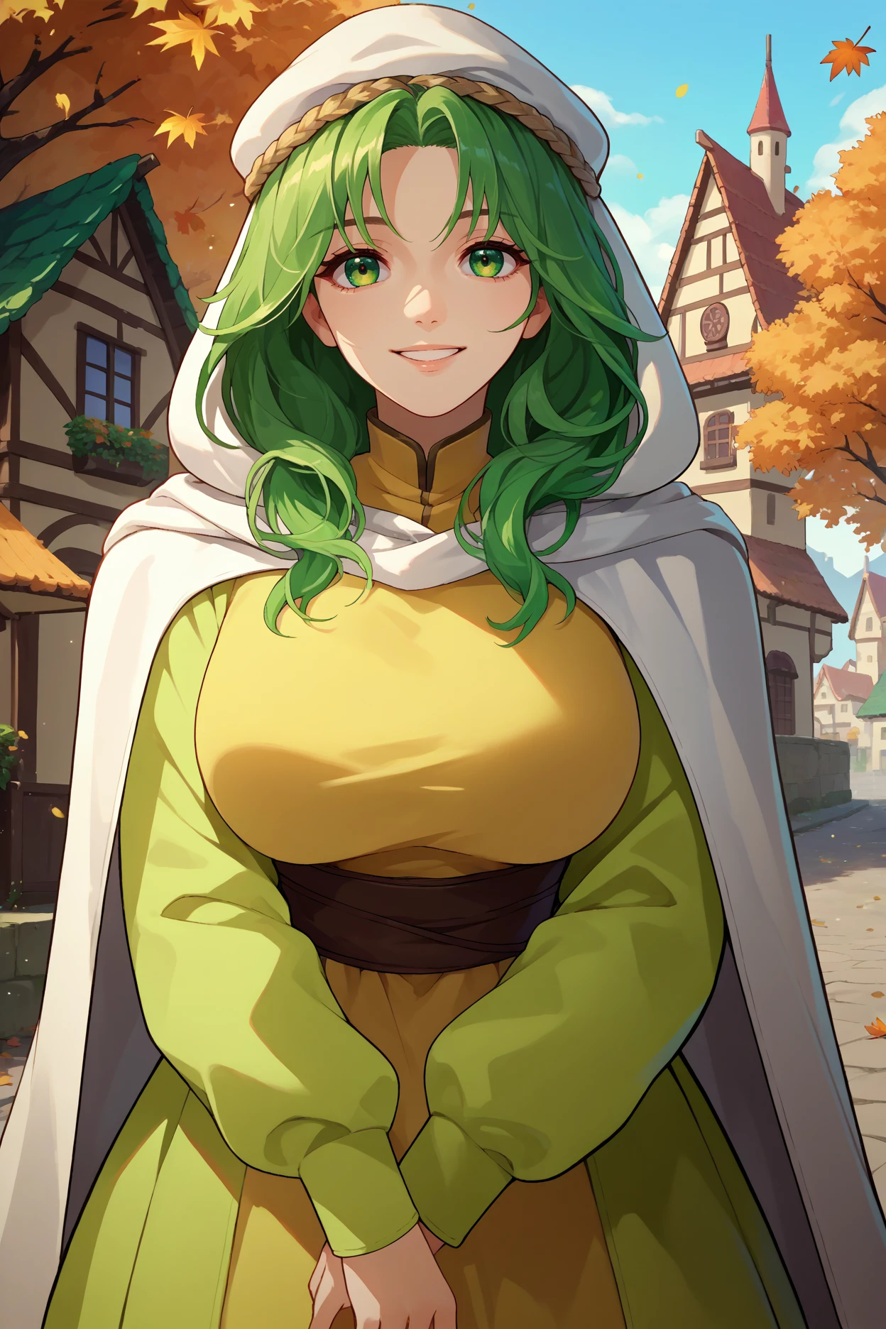 score_9, score_8_up, score_7_up, score_6_up, source_anime, 1girl, solo,<lora:fesafy-pdxl-nvwls-v1-000005:1> safy, green hair, long hair, green eyes, hood, white cloak, green dress, long dress, big breasts, looking at you, village, autumn, upper body, portrait, smile