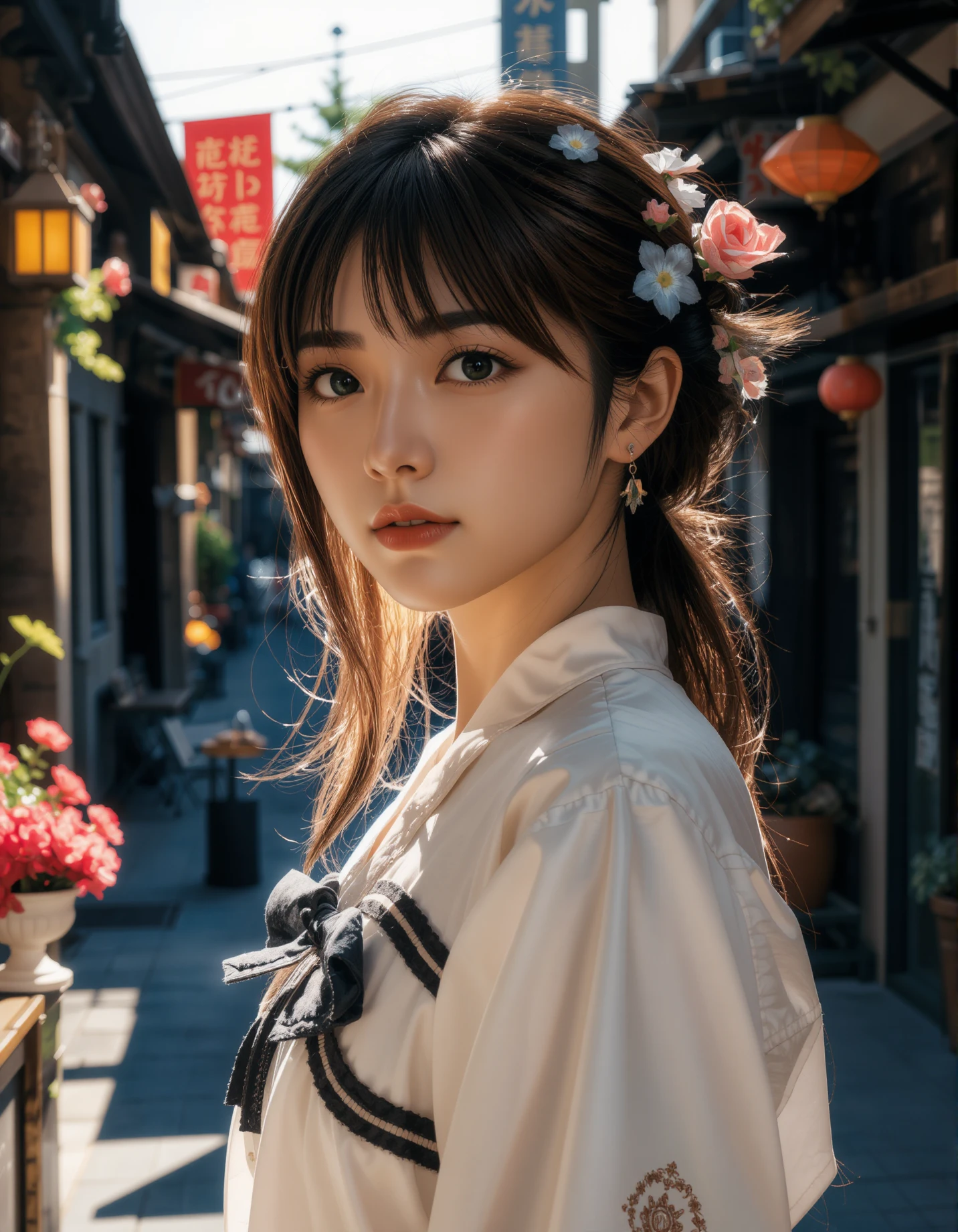 A photograph of an incredibly beautiful 18-year-old girl with long, stylish gradient brown hair, standing confidently at a street during daylight. The natural light highlights her confident posture and elegant features, contrasts beautifully with her modern, stylish appearance. The atmosphere is serene, with the warm sunlight casting soft shadows and enhancing the overall balance between youthfulness and cultural heritage in the composition. Delicate flower and plant arrangements adorn her surroundings, bathed in dynamic chiaroscuro's dramatic play of light and shadow. High-resolution details reveal perfect anatomy, drawing the viewer in with its awe-inspiring beauty. The scene is centered, radiating an atmosphere of mystery as the subject's captivating pose fills the frame. With a smooth, sharp focus, the illustration bursts forth in high definition, accent lighting casting an otherworldly glow amidst contrasting bright paint colors on concept art.